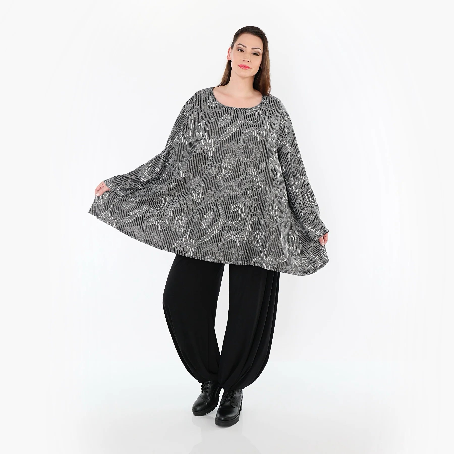  A-Form Bigshirt von AKH Fashion aus Materialmix, 1500593, Grau/Schwarz/Weiß, Vichy-Streifen