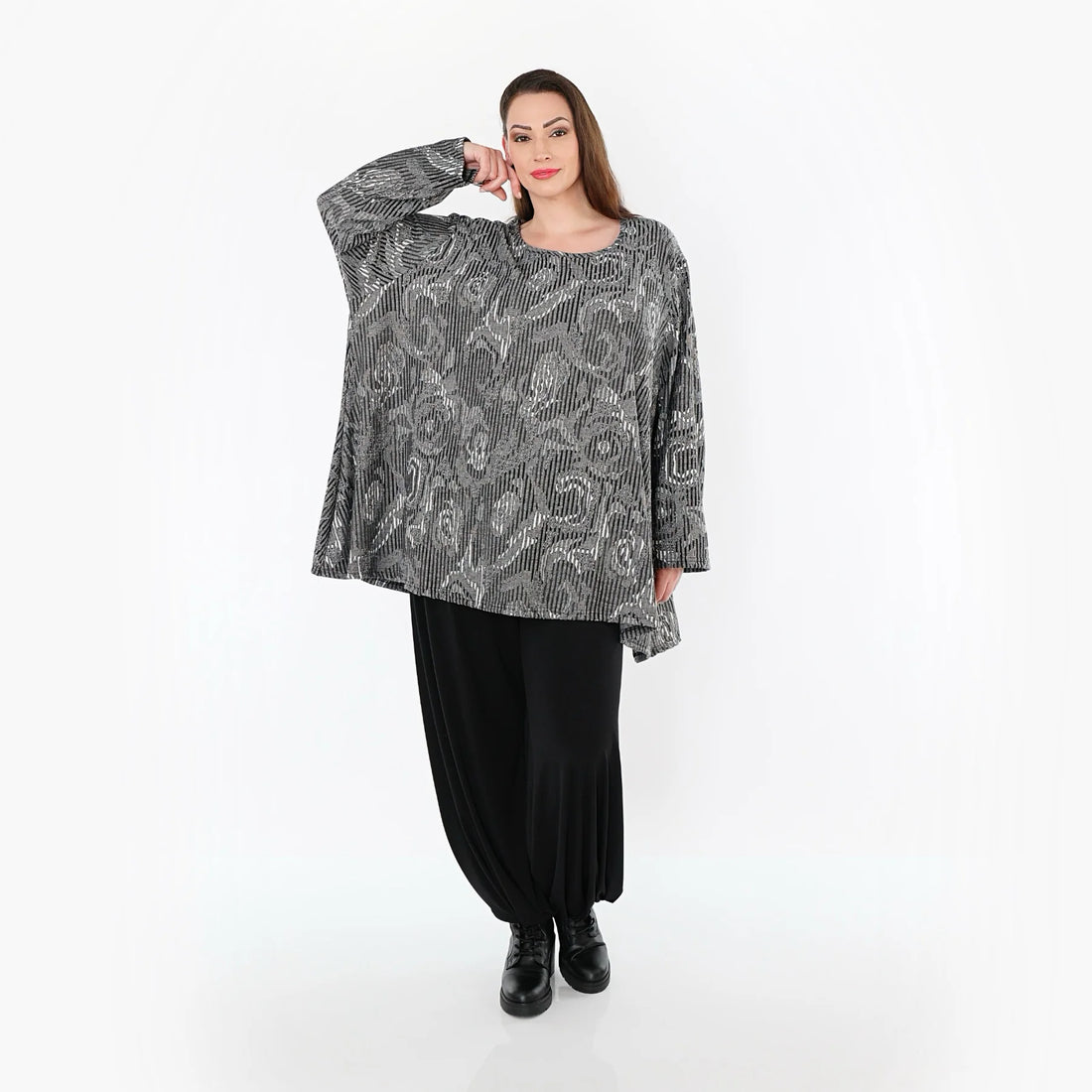  A-Form Bigshirt von AKH Fashion aus Materialmix, 1500593, Grau/Schwarz/Weiß, Vichy-Streifen