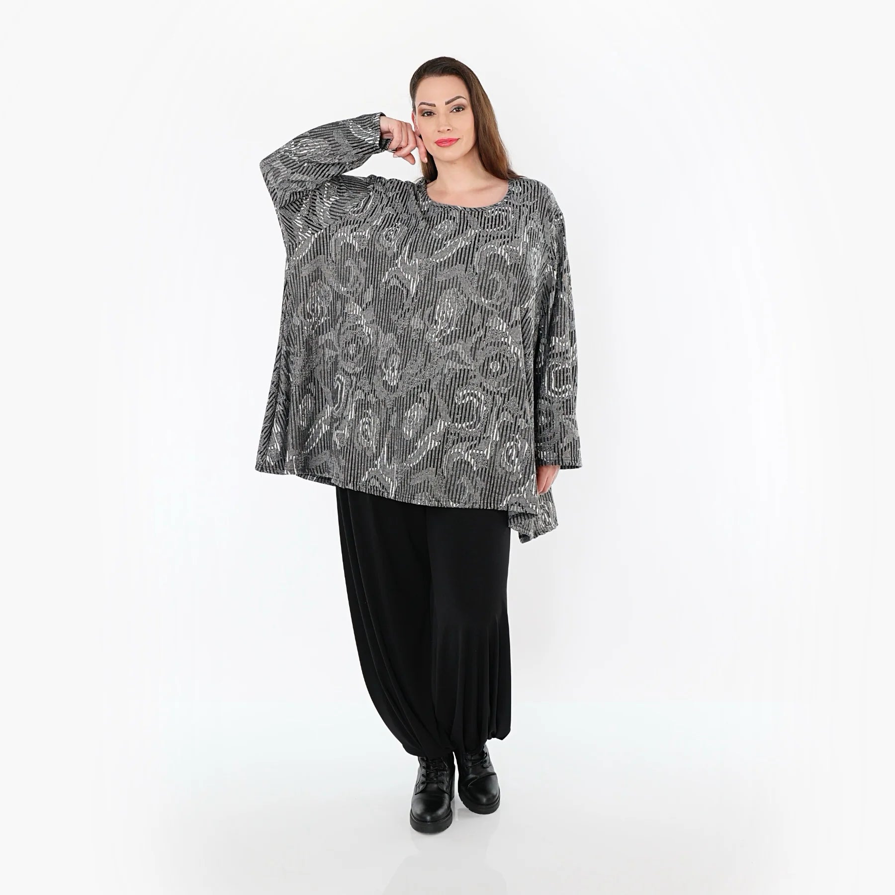  A-Form Bigshirt von AKH Fashion aus Materialmix, 1500593, Grau/Schwarz/Weiß, Vichy-Streifen