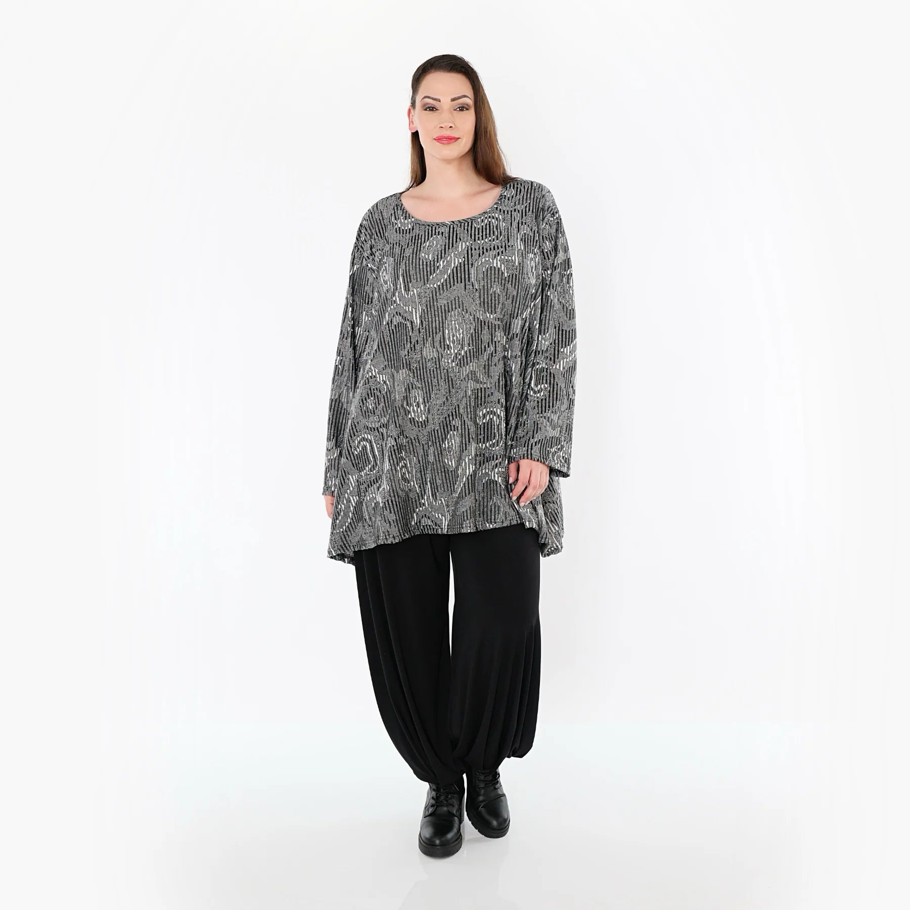  A-Form Bigshirt von AKH Fashion aus Materialmix, 1500593, Grau/Schwarz/Weiß, Vichy-Streifen