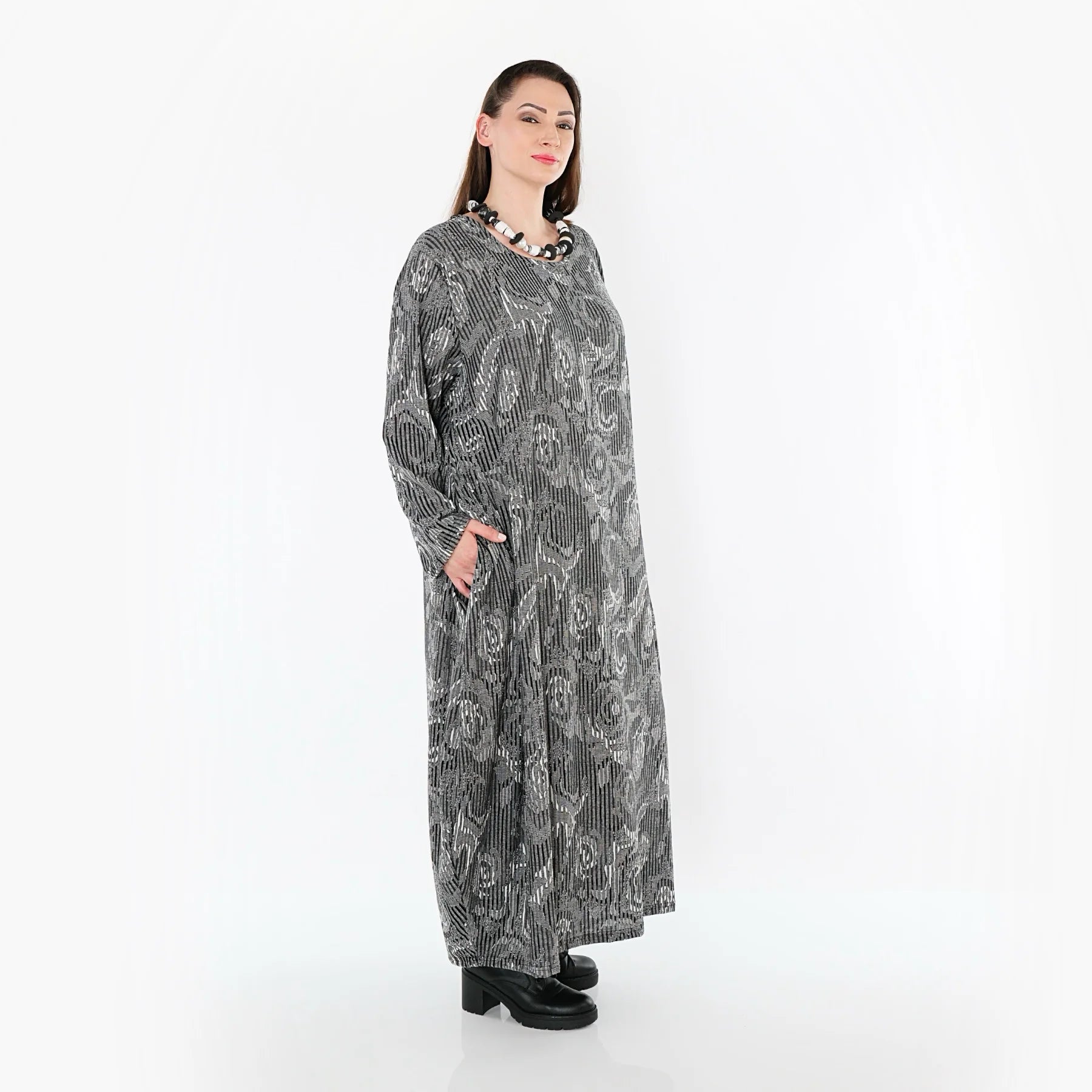  Ballonkleid von AKH Fashion aus Materialmix, 1501926, Grau/Schwarz/Weiß, Vichy-Streifen