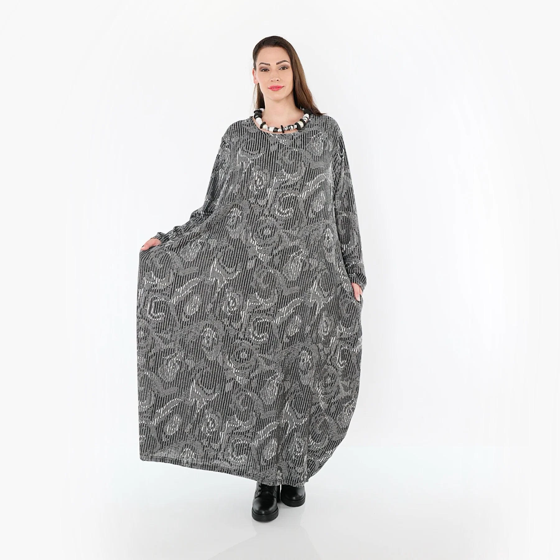  Ballonkleid von AKH Fashion aus Materialmix, 1501926, Grau/Schwarz/Weiß, Vichy-Streifen