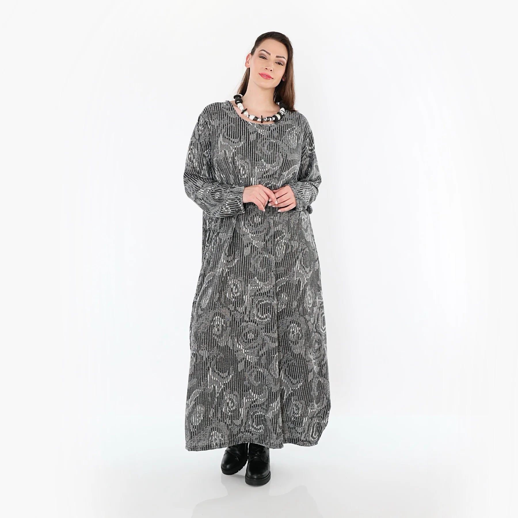  Ballonkleid von AKH Fashion aus Materialmix, 1501926, Grau/Schwarz/Weiß, Vichy-Streifen