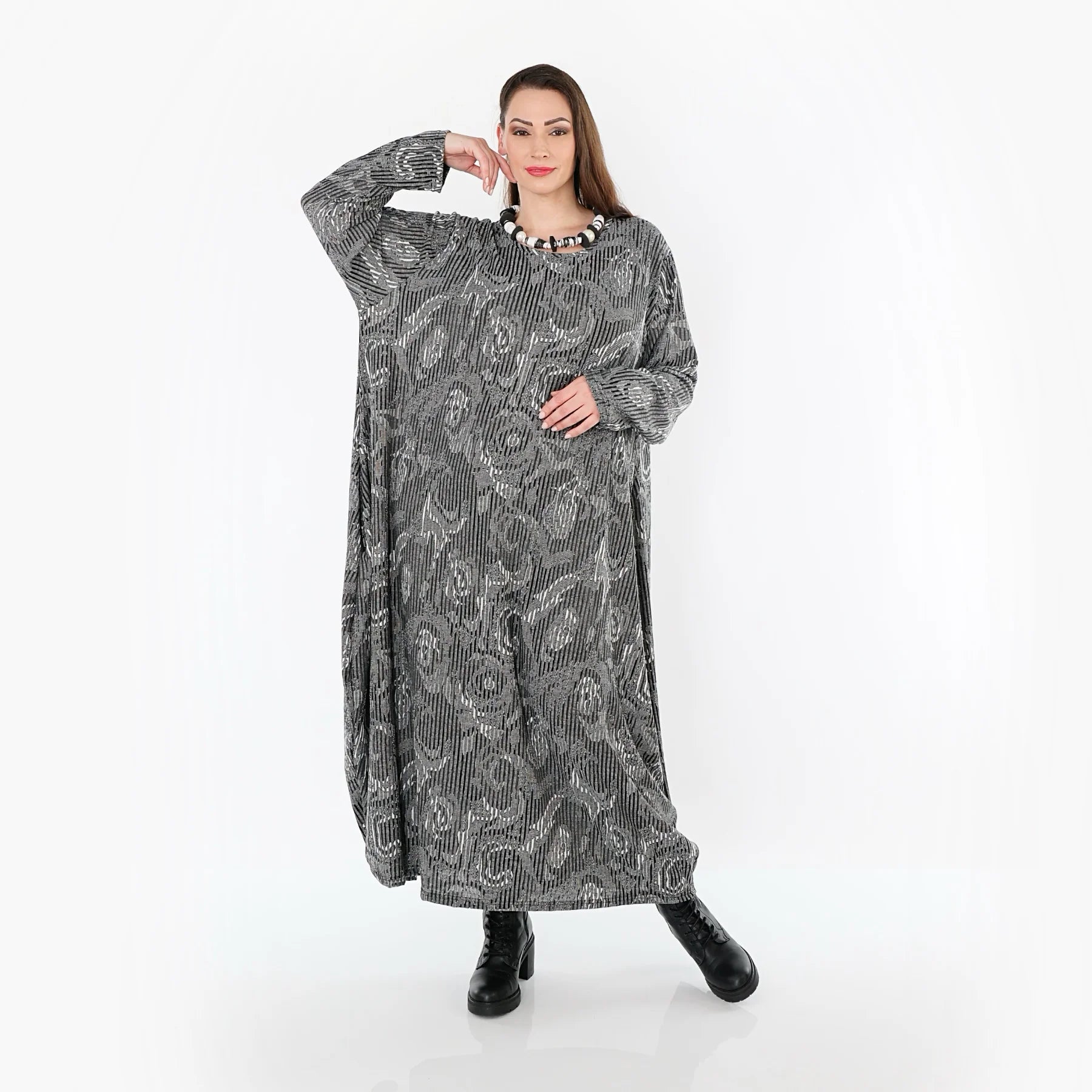  Ballonkleid von AKH Fashion aus Materialmix, 1501926, Grau/Schwarz/Weiß, Vichy-Streifen