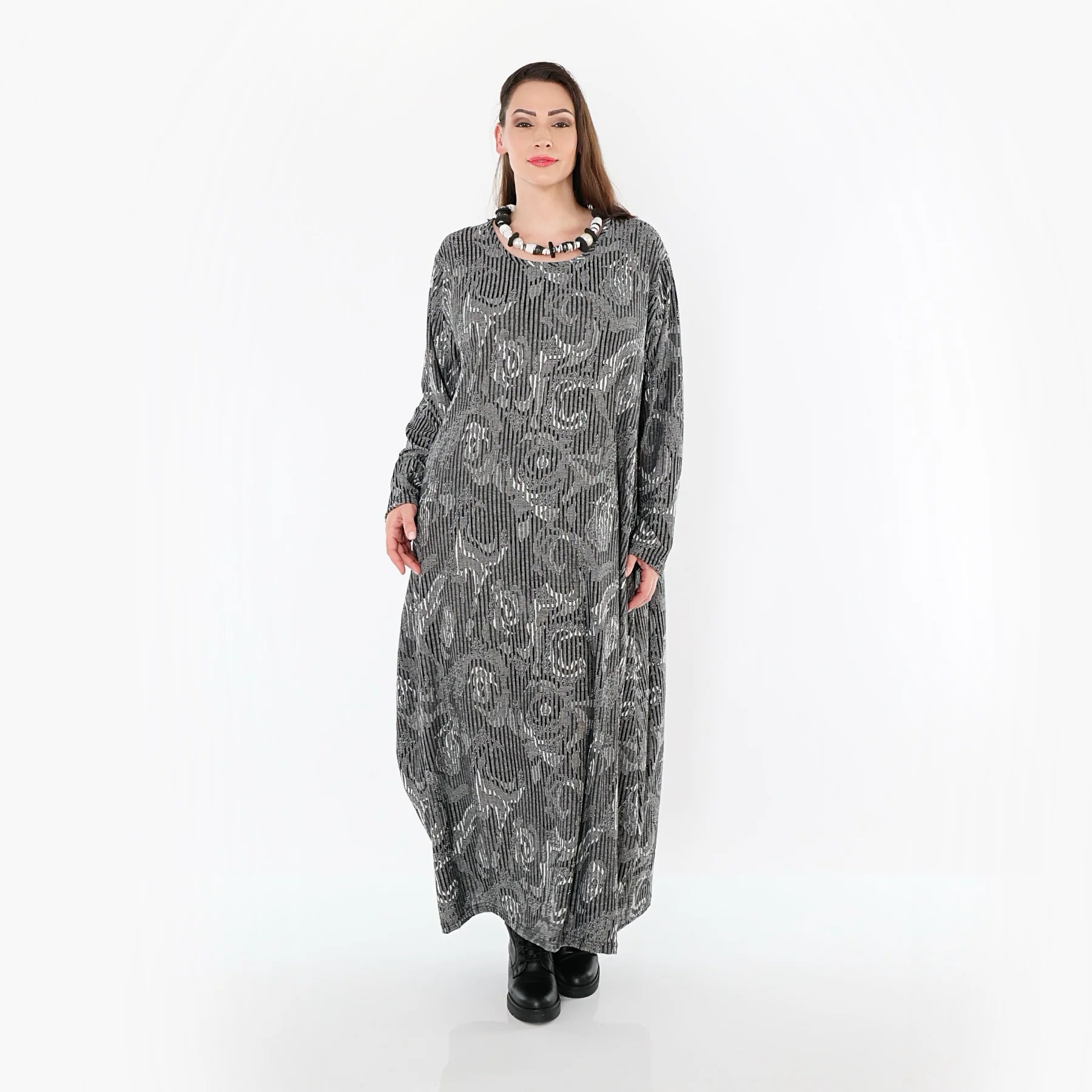  Ballonkleid von AKH Fashion aus Materialmix, 1501926, Grau/Schwarz/Weiß, Vichy-Streifen