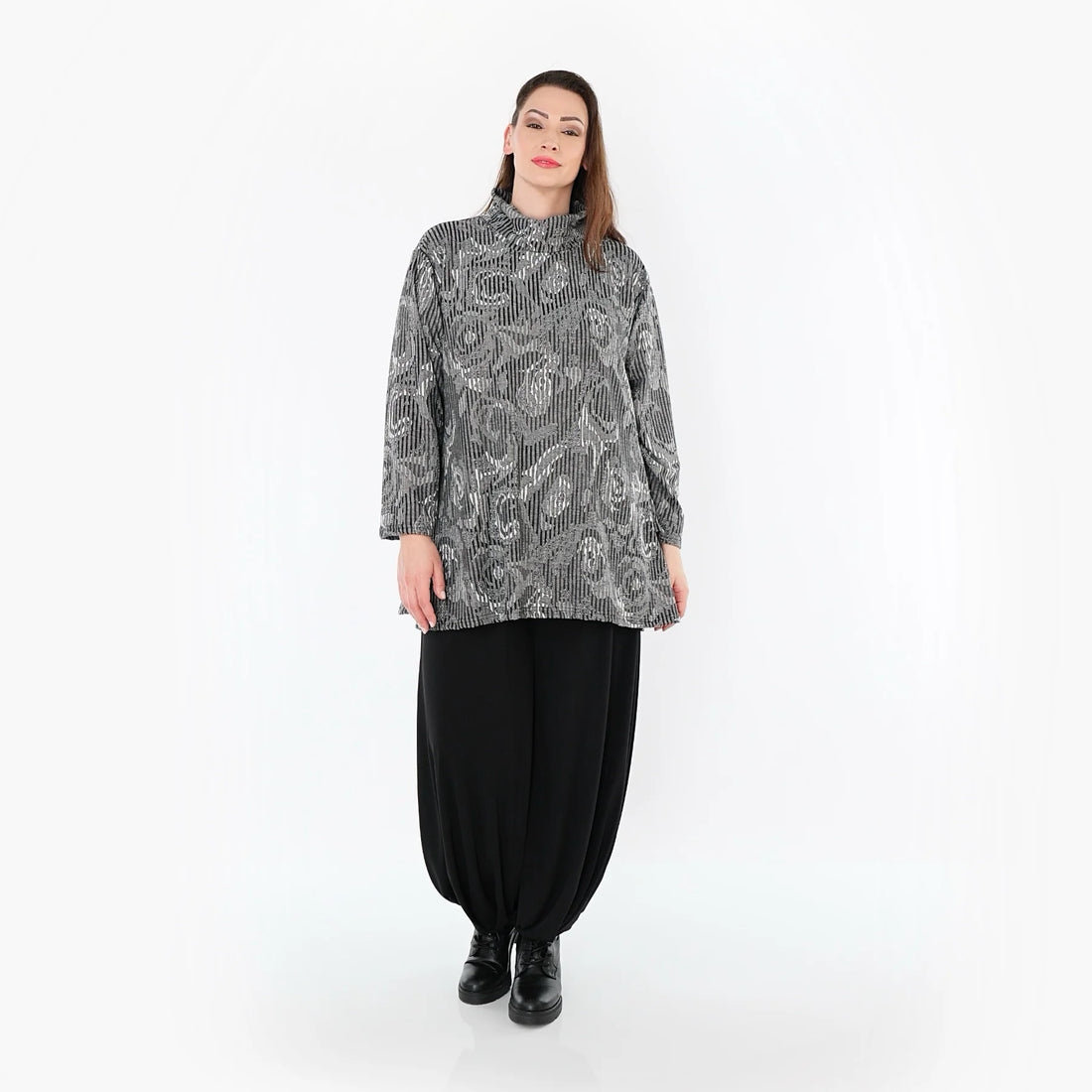  AKH Fashion Shirt in Glocken-Form, aus Materialmix, 151892R, Grau/Schwarz/Weiß, Schick