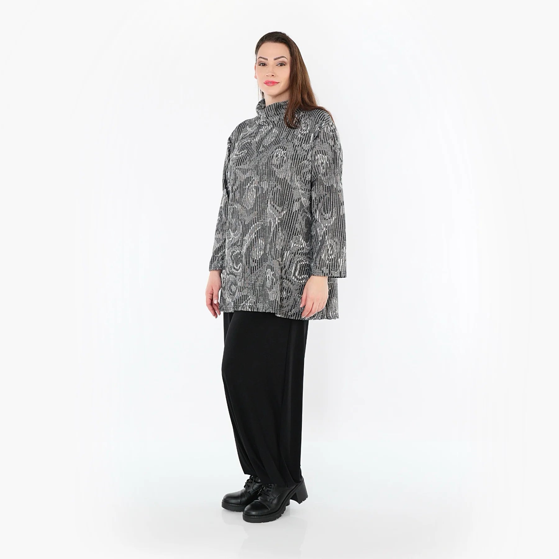  AKH Fashion Shirt in Glocken-Form, aus Materialmix, 151892R, Grau/Schwarz/Weiß, Schick