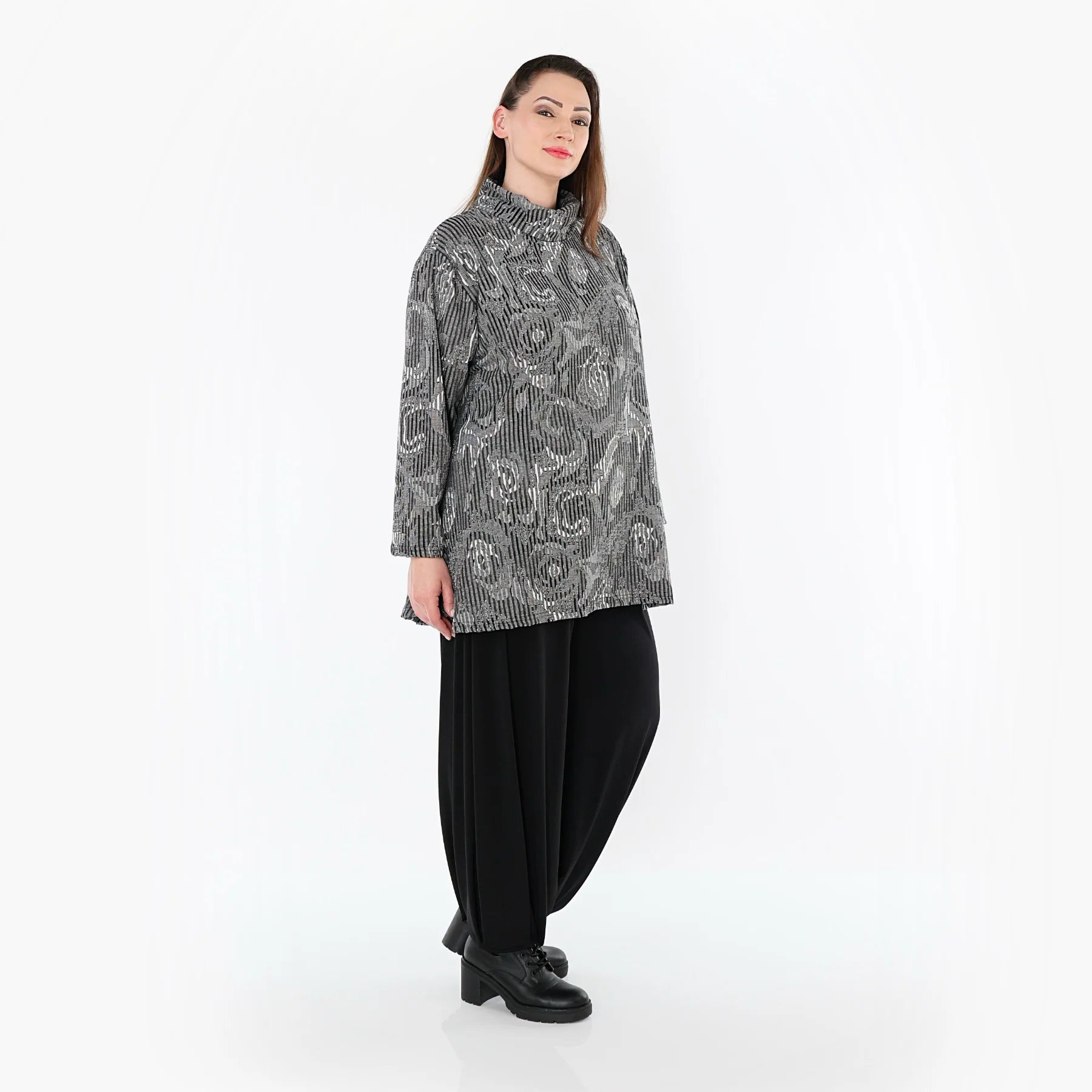  AKH Fashion Shirt in Glocken-Form, aus Materialmix, 151892R, Grau/Schwarz/Weiß, Schick