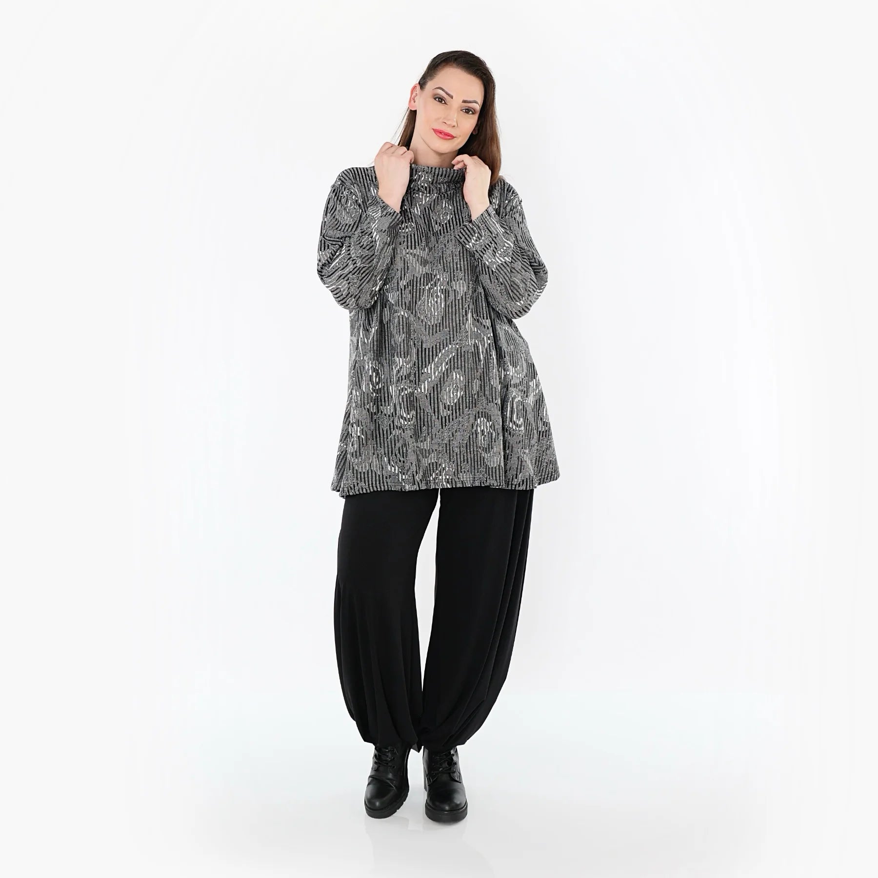  AKH Fashion Shirt in Glocken-Form, aus Materialmix, 151892R, Grau/Schwarz/Weiß, Schick