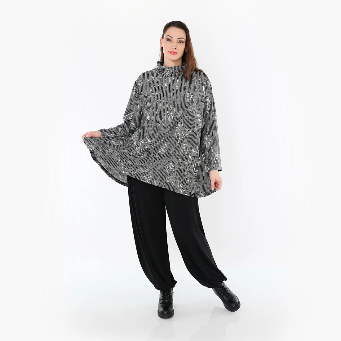  AKH Fashion Shirt in Glocken-Form, aus Materialmix, 151892R, Grau/Schwarz/Weiß, Schick