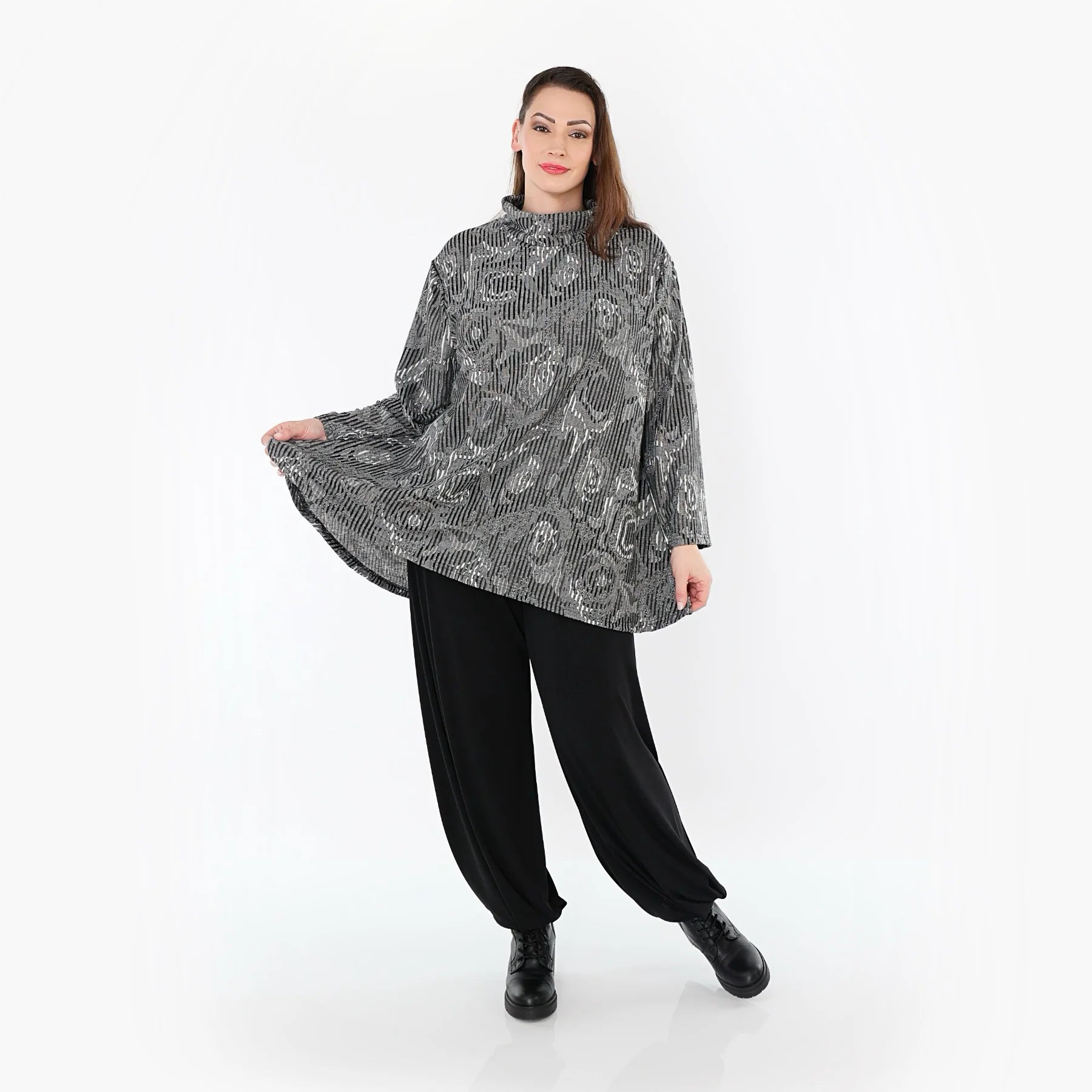  AKH Fashion Shirt in Glocken-Form, aus Materialmix, 151892R, Grau/Schwarz/Weiß, Schick