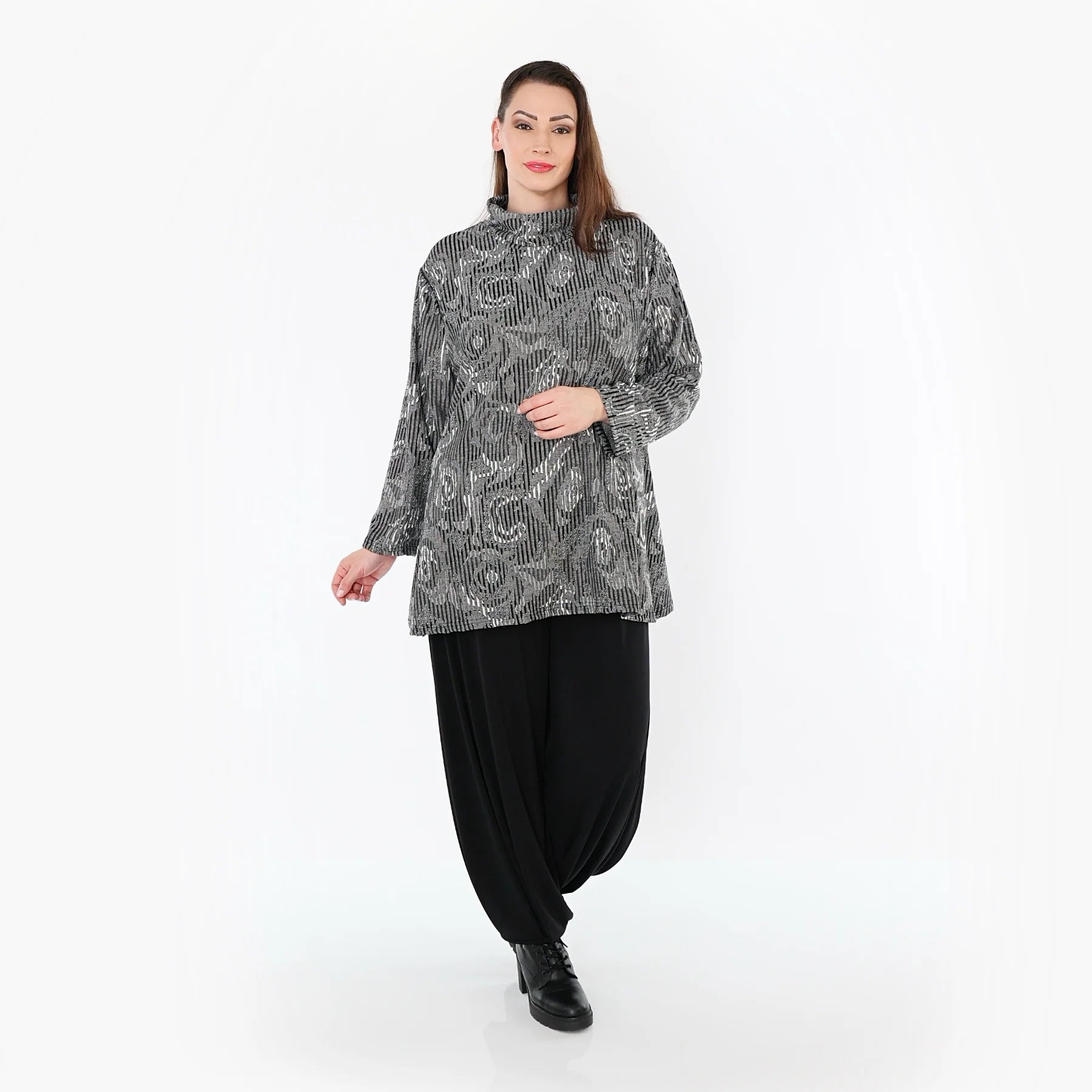  AKH Fashion Shirt in Glocken-Form, aus Materialmix, 151892R, Grau/Schwarz/Weiß, Schick