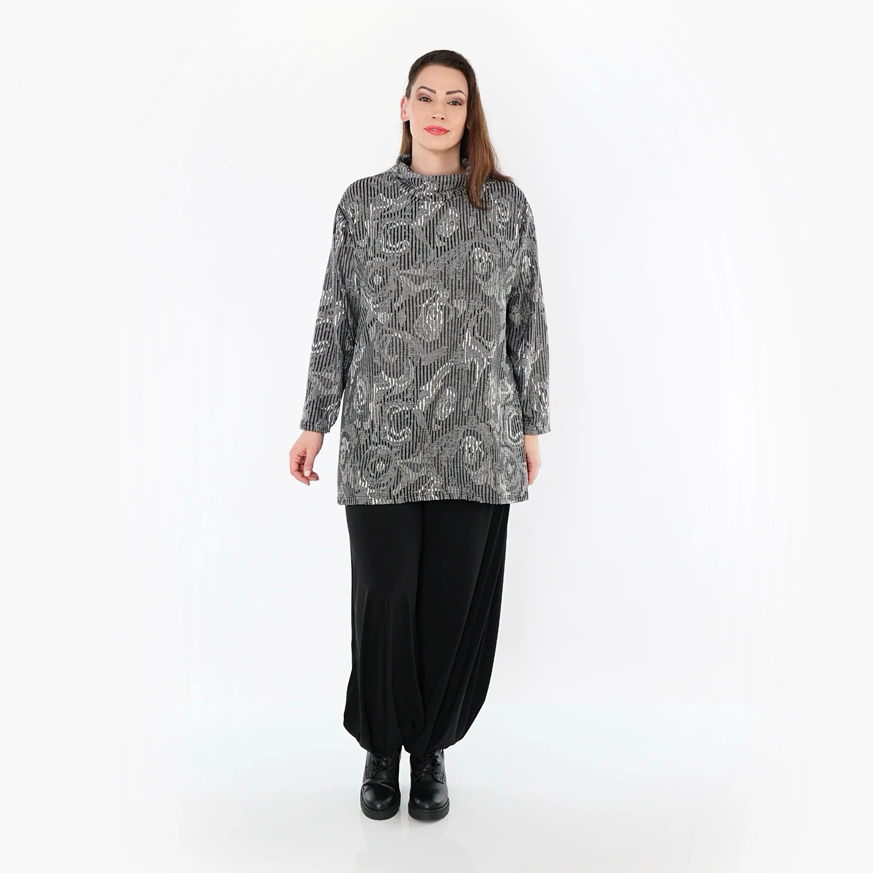  AKH Fashion Shirt in Glocken-Form, aus Materialmix, 151892R, Grau/Schwarz/Weiß, Schick