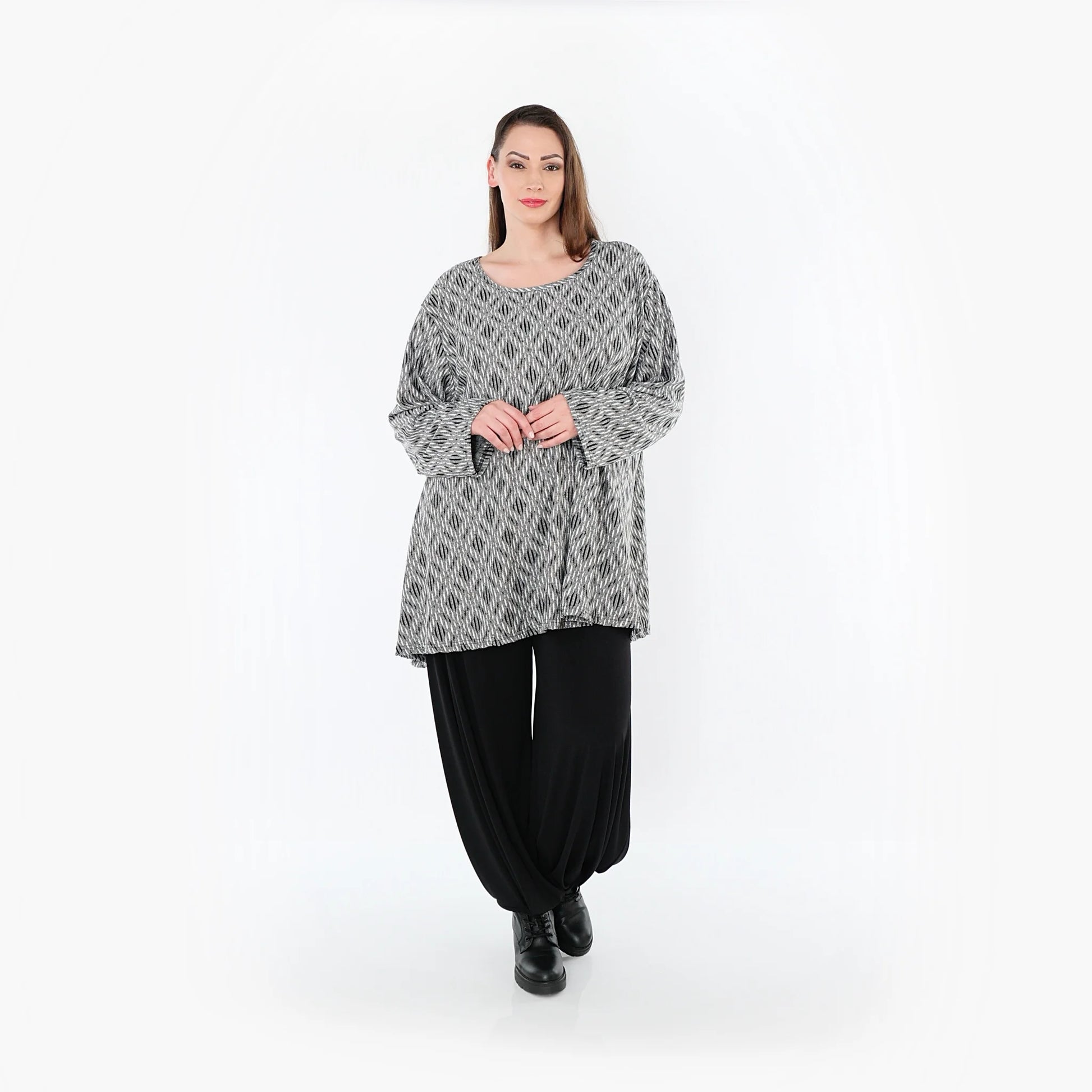  A-Form Bigshirt von AKH Fashion aus Materialmix, 1500593, Hellgrau/Schwarz/Weiß, Schick
