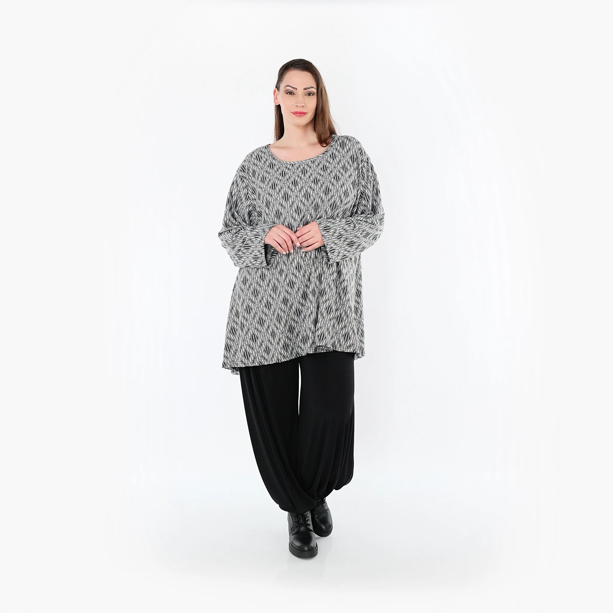  A-Form Bigshirt von AKH Fashion aus Materialmix, 1500593, Hellgrau/Schwarz/Weiß, Schick