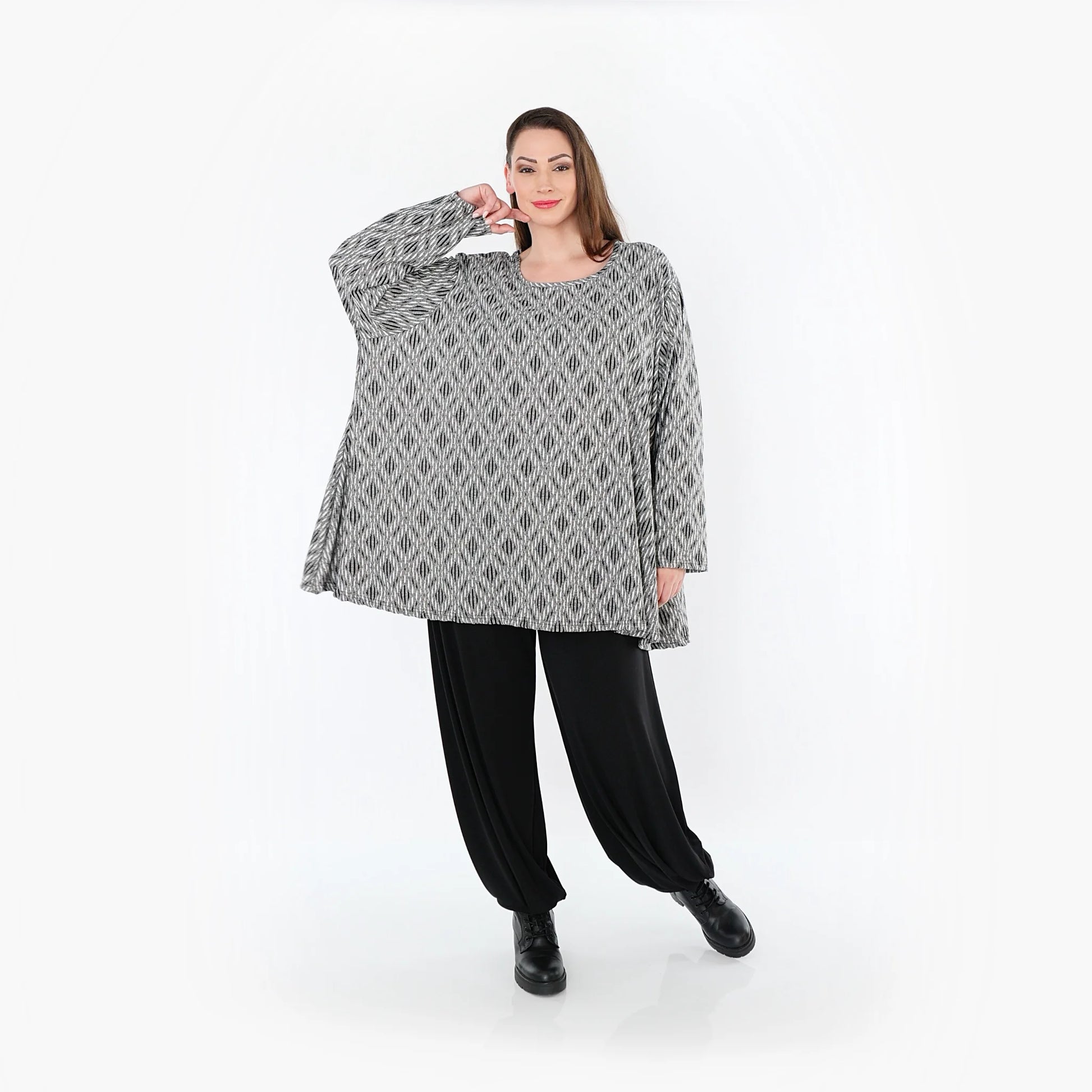  A-Form Bigshirt von AKH Fashion aus Materialmix, 1500593, Hellgrau/Schwarz/Weiß, Schick
