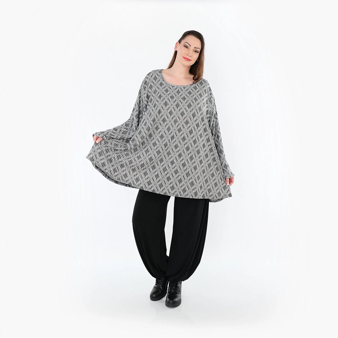  A-Form Bigshirt von AKH Fashion aus Materialmix, 1500593, Hellgrau/Schwarz/Weiß, Schick