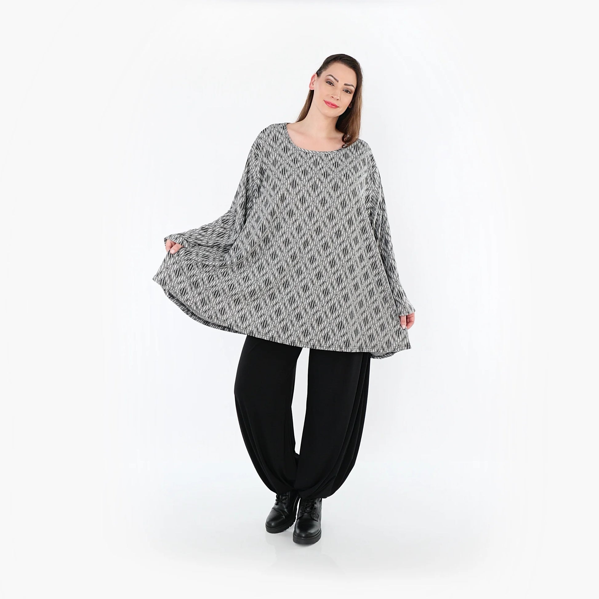  A-Form Bigshirt von AKH Fashion aus Materialmix, 1500593, Hellgrau/Schwarz/Weiß, Schick