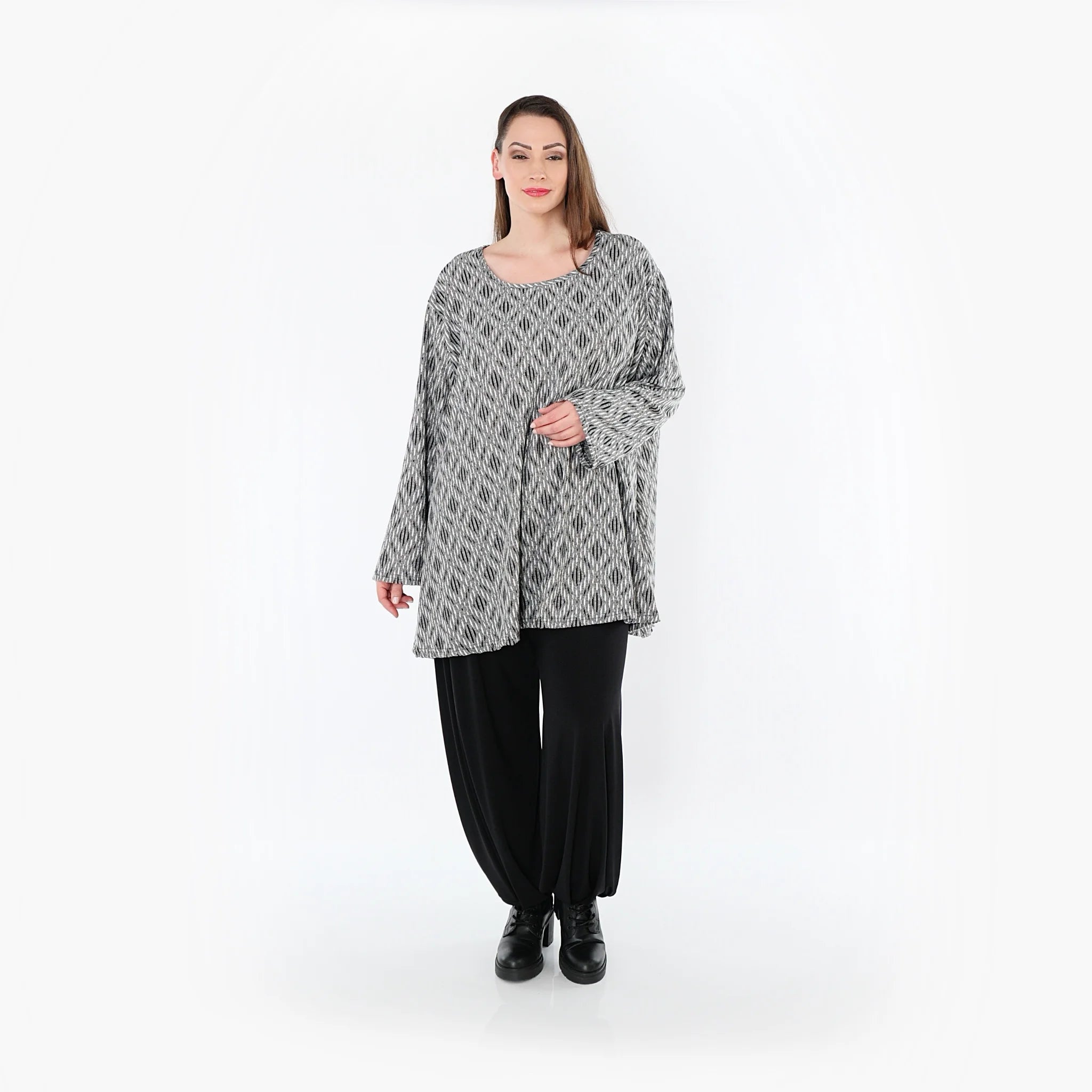  A-Form Bigshirt von AKH Fashion aus Materialmix, 1500593, Hellgrau/Schwarz/Weiß, Schick