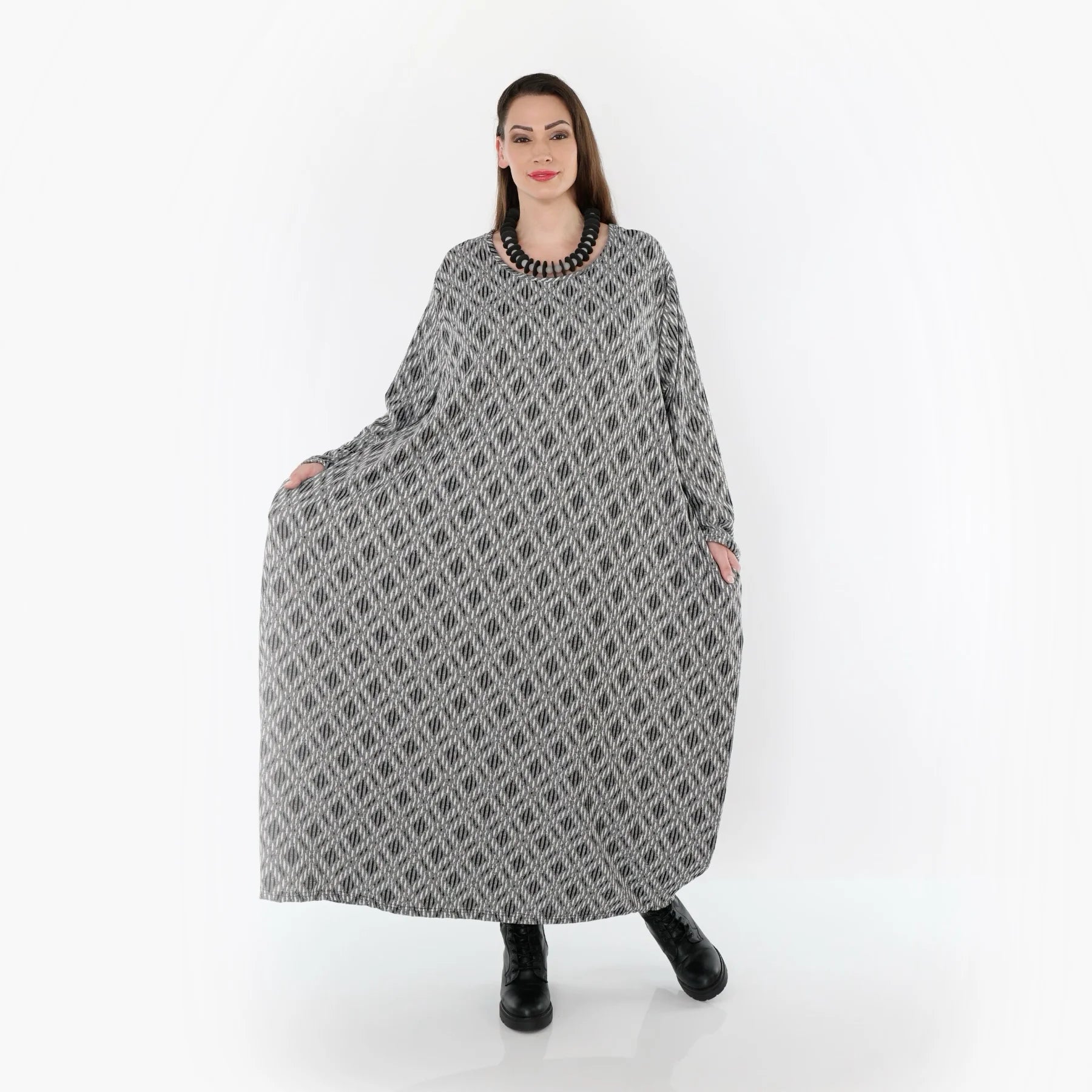  Ballonkleid von AKH Fashion aus Materialmix, 1501926, Hellgrau/Schwarz/Weiß, Schick