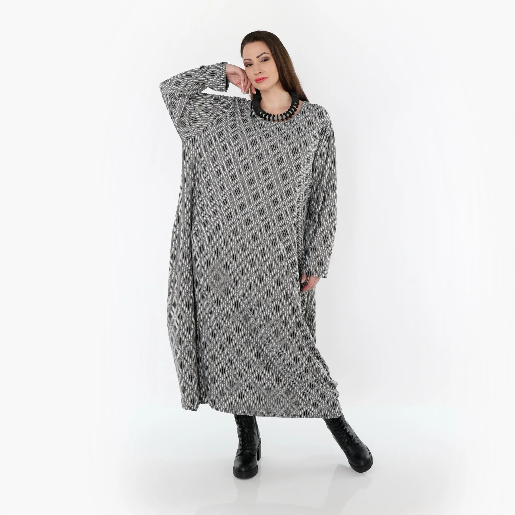  Ballonkleid von AKH Fashion aus Materialmix, 1501926, Hellgrau/Schwarz/Weiß, Schick