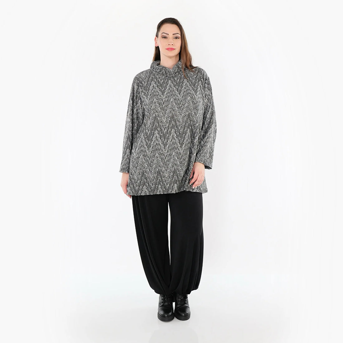  AKH Fashion Shirt in Glocken-Form, aus Materialmix, 1526.1892R, Grau/Schwarz/Weiß, Schick