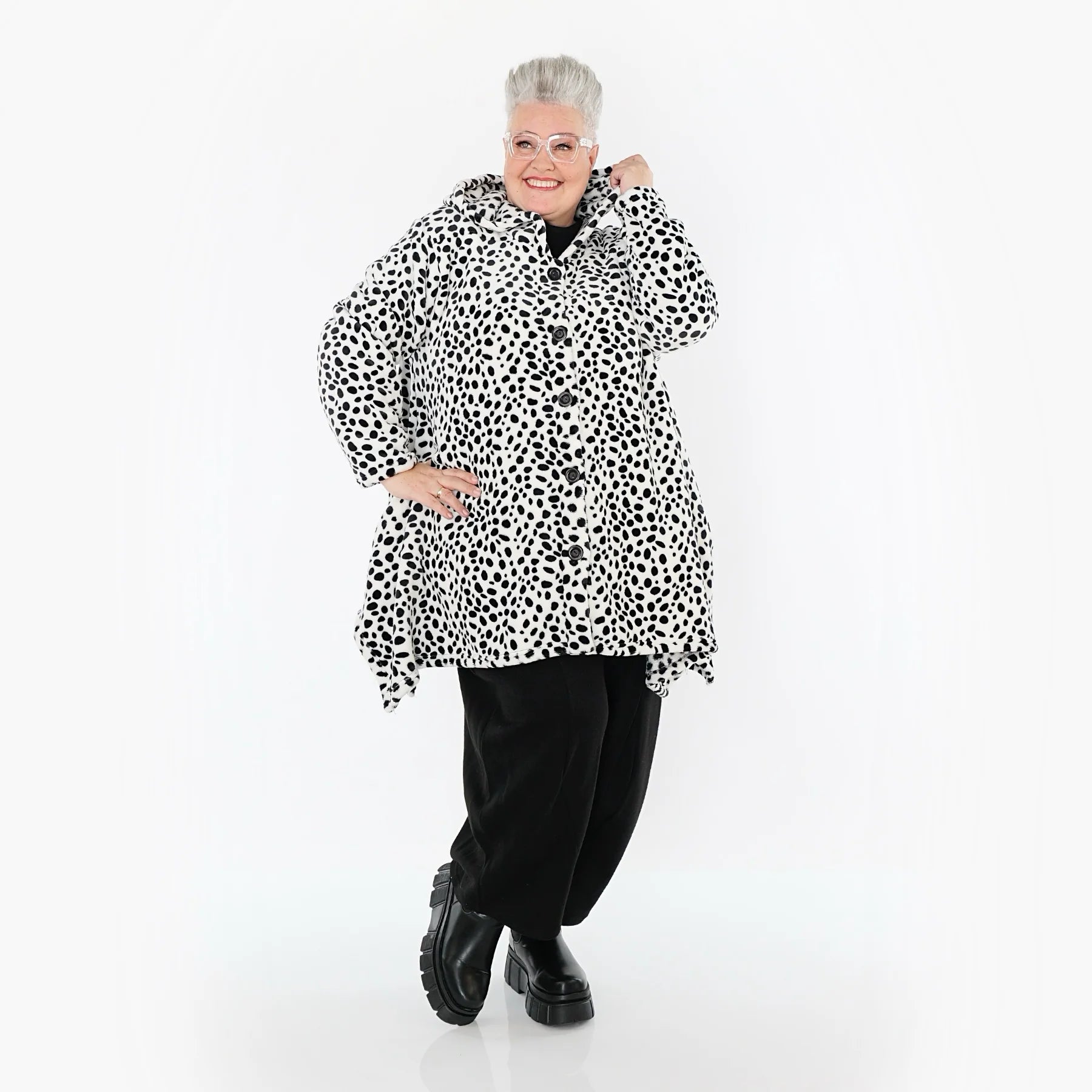  A-Form Jacke von AKH Fashion aus Polyester, 1527.02030, Weiß/Schwarz, Punkte, Ausgefallen