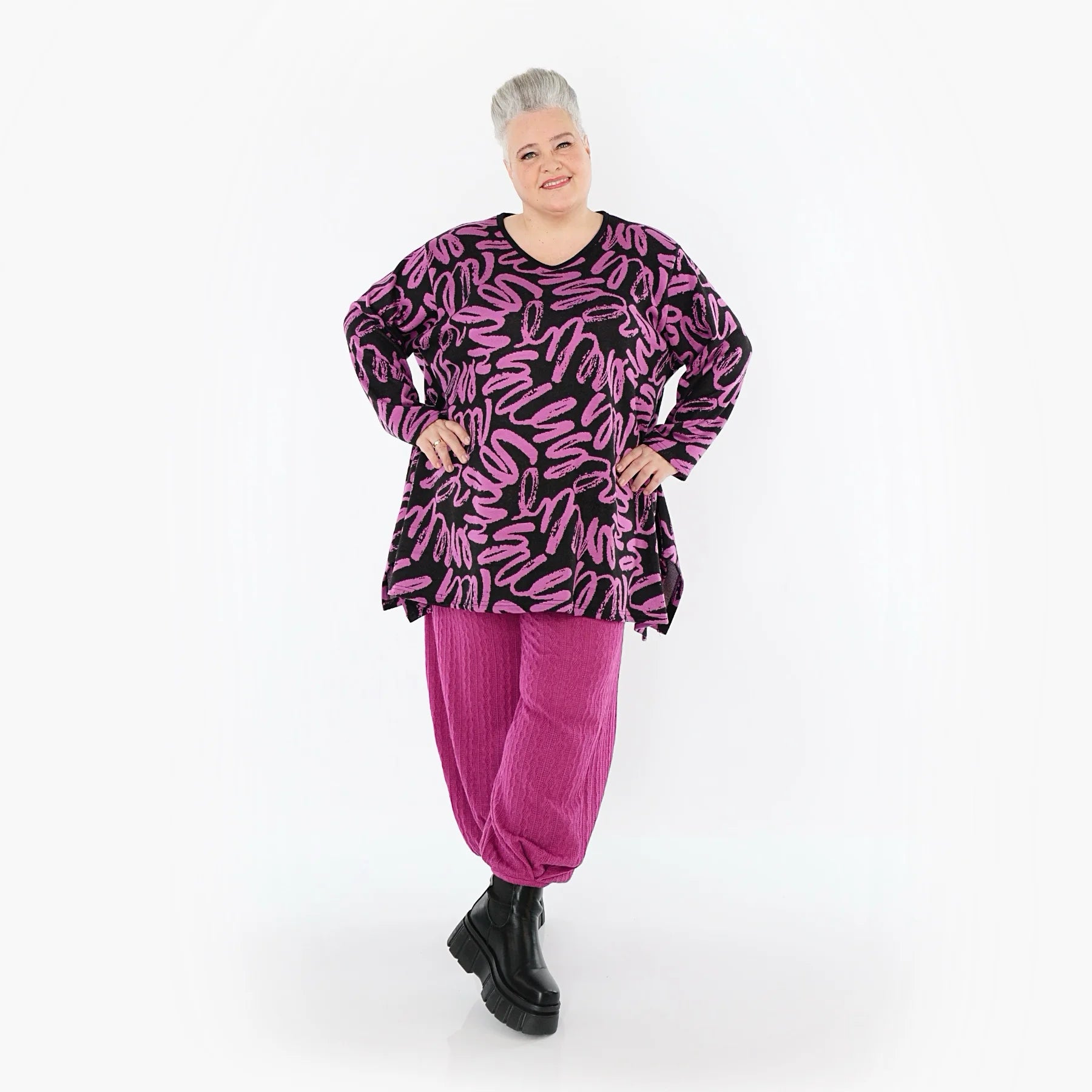  A-Form Bigshirt von AKH Fashion aus Materialmix, 1529.01019, Schwarz/Fuchsia, Kringel, Schick