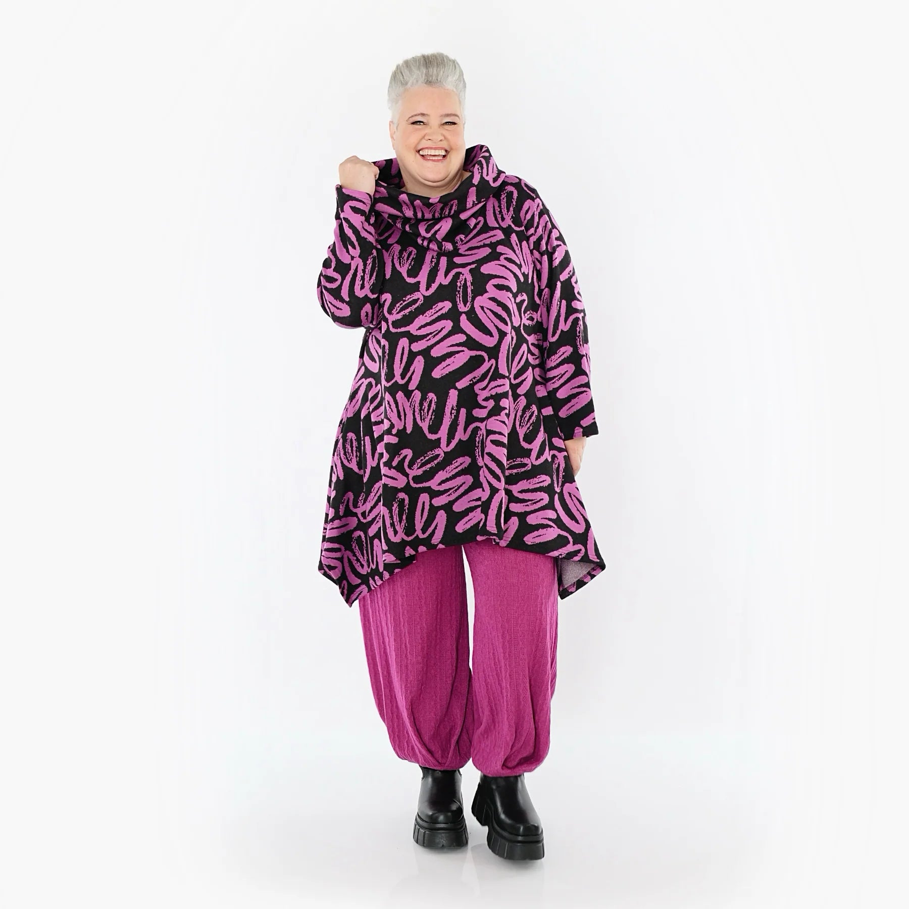  A-Form Shirt von AKH Fashion aus Materialmix, 1529.03371, Schwarz/Fuchsia, Kringel, Schick