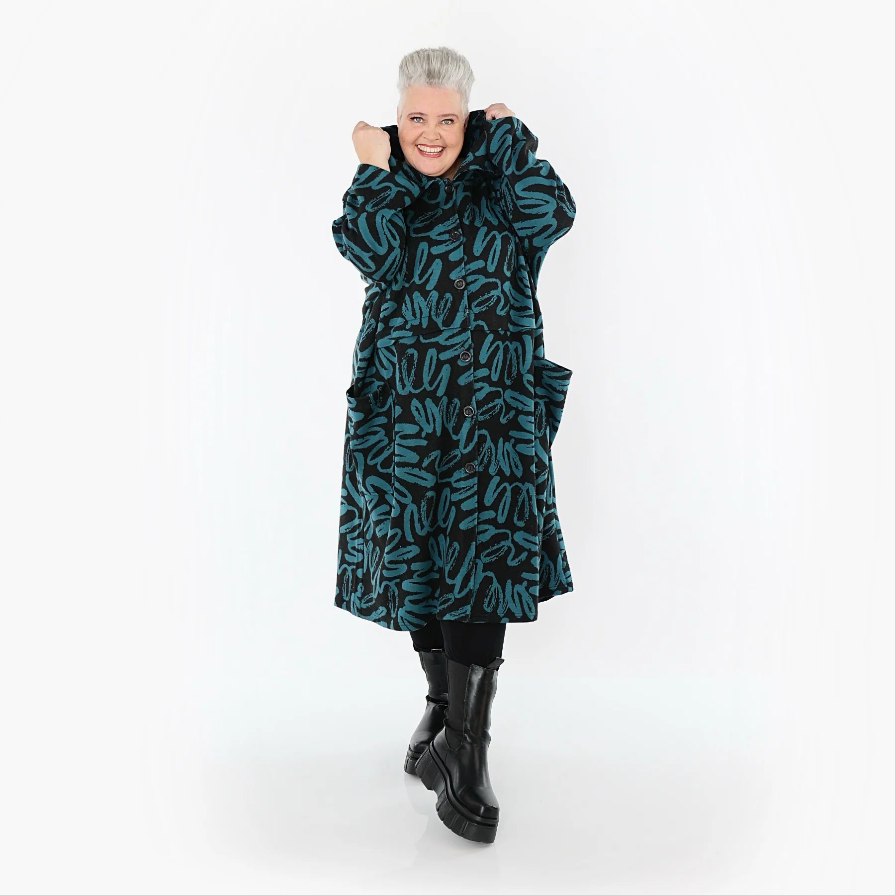  AKH Fashion Mantel in Glocken-Form, aus Materialmix, 1529.07041, Schwarz/Petrol, Kringel