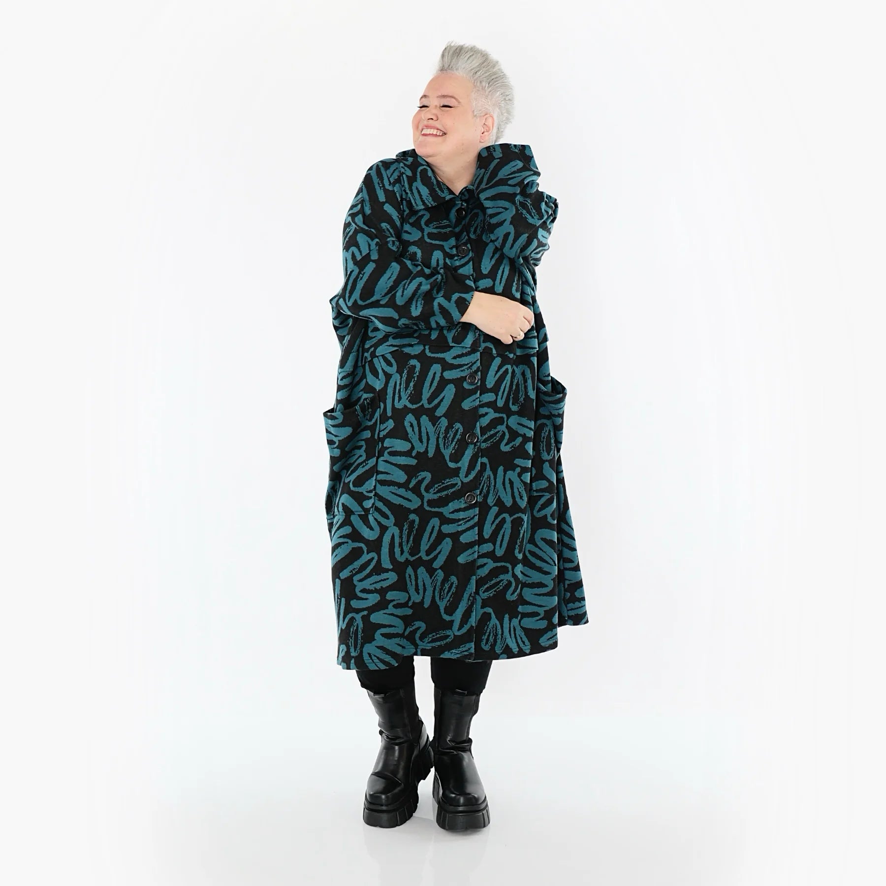  AKH Fashion Mantel in Glocken-Form, aus Materialmix, 1529.07041, Schwarz/Petrol, Kringel