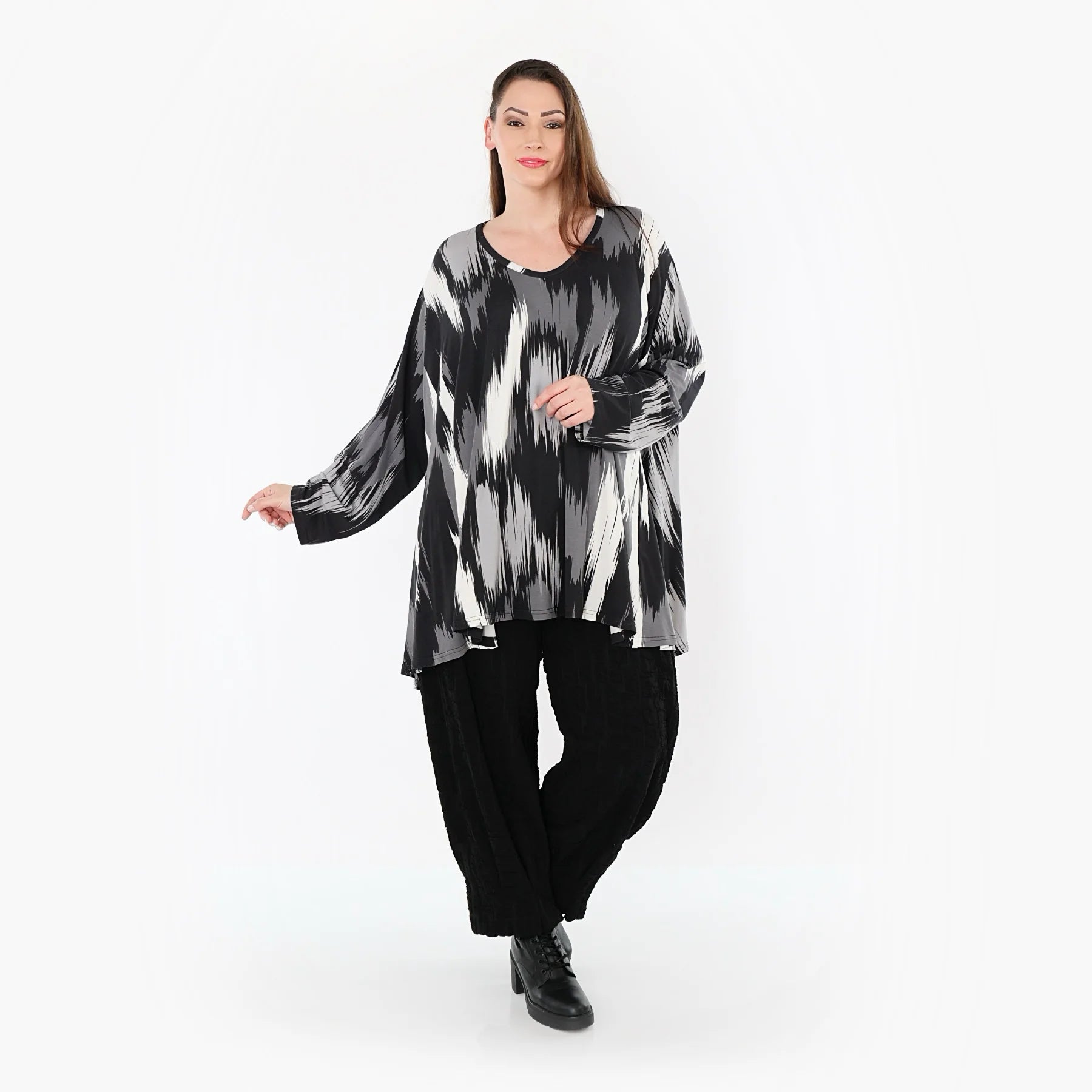  A-Form Bigshirt von AKH Fashion aus Viskose, 1530.00593, Schwarz/Grau/Weiß, Pinselstrich