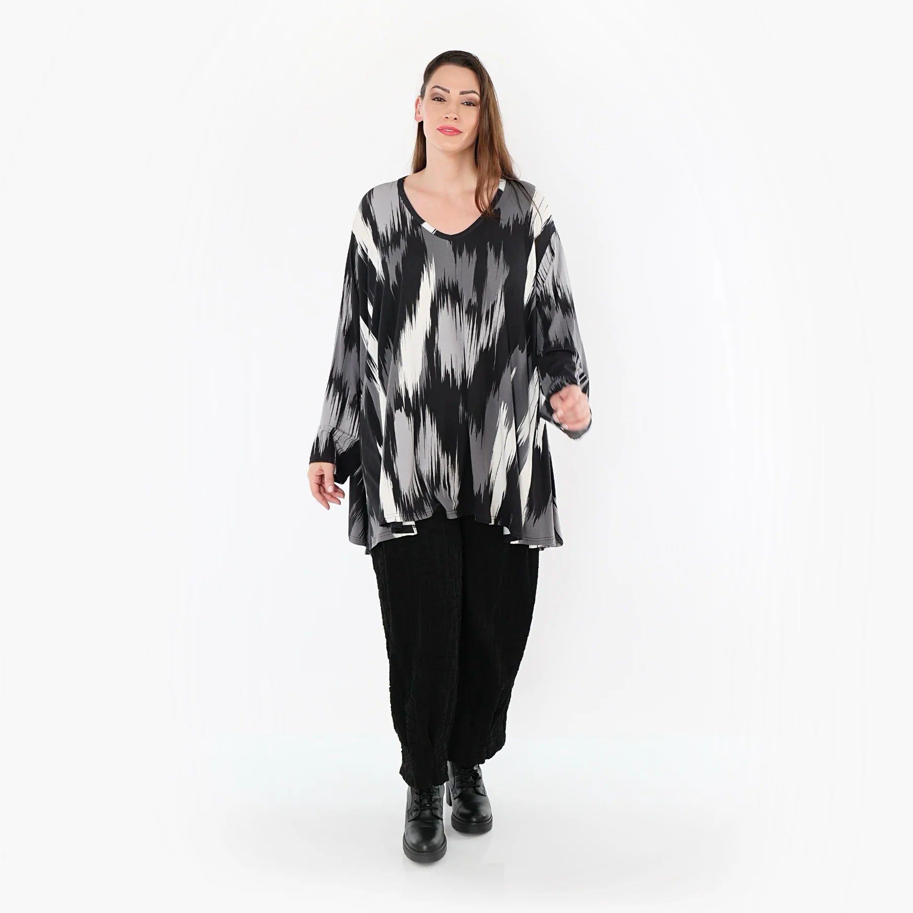  A-Form Bigshirt von AKH Fashion aus Viskose, 1530.00593, Schwarz/Grau/Weiß, Pinselstrich