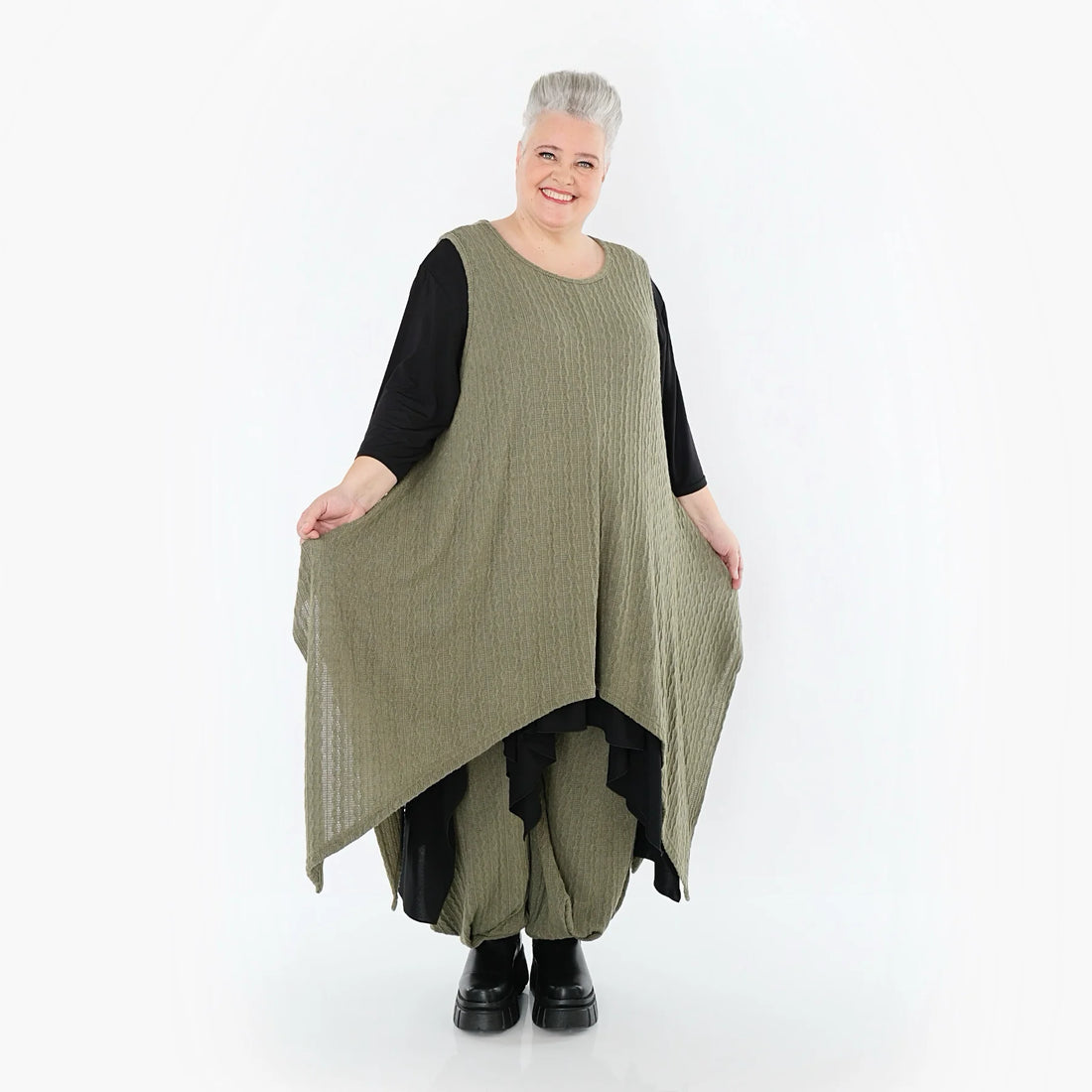  Zipfel Kleid von AKH Fashion aus Materialmix, 1532.03067, Olive, Wellen, Ausgefallen