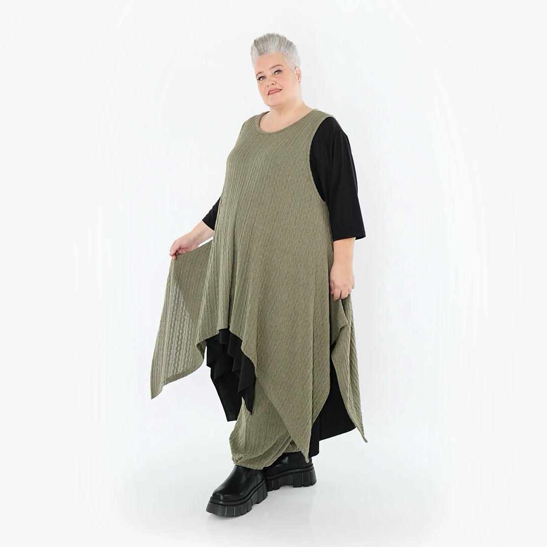  Zipfel Kleid von AKH Fashion aus Materialmix, 1532.03067, Olive, Wellen, Ausgefallen