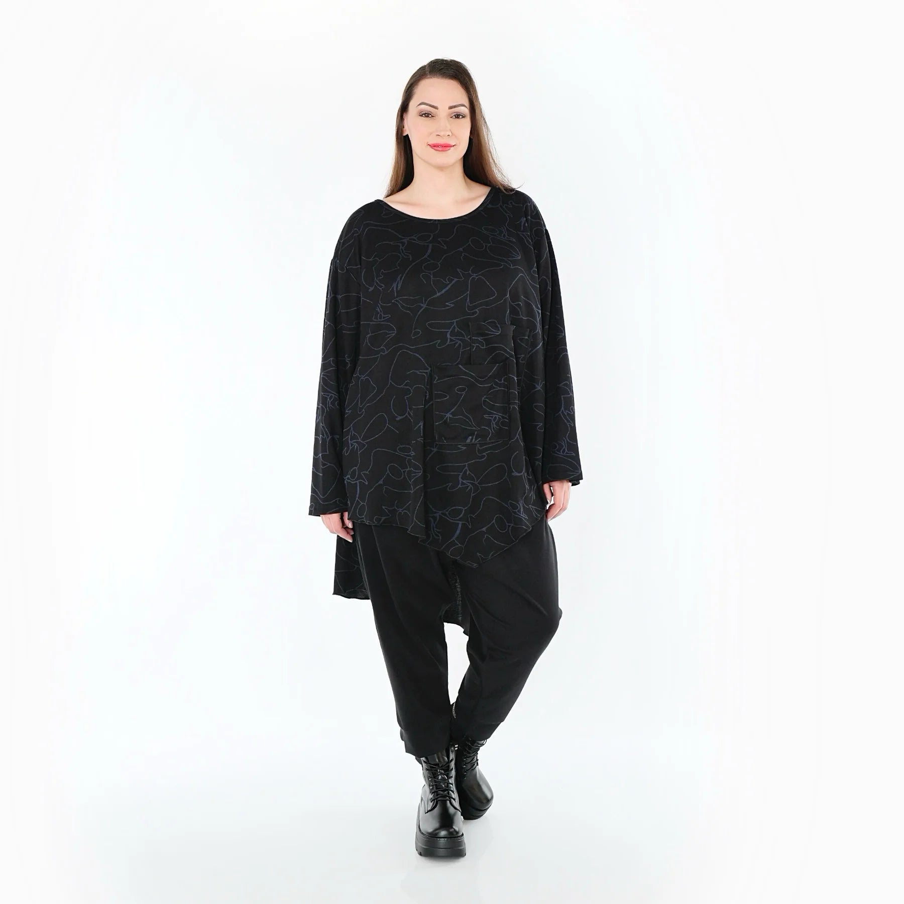  A-Form Bigshirt von AKH Fashion aus Viskose, 1545.07138, Schwarz/Blau, Kringel, Ausgefallen