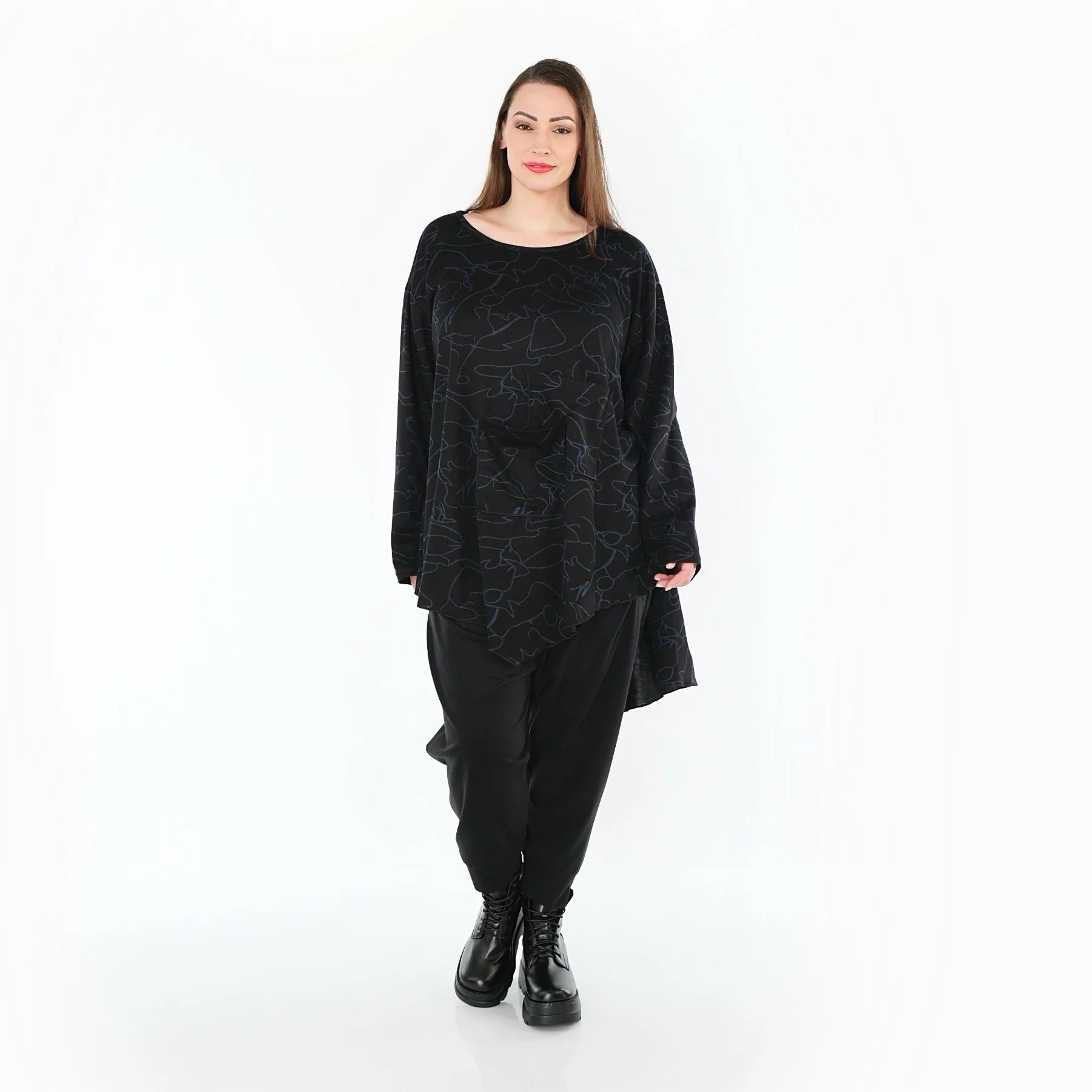  A-Form Bigshirt von AKH Fashion aus Viskose, 1545.07138, Schwarz/Blau, Kringel, Ausgefallen