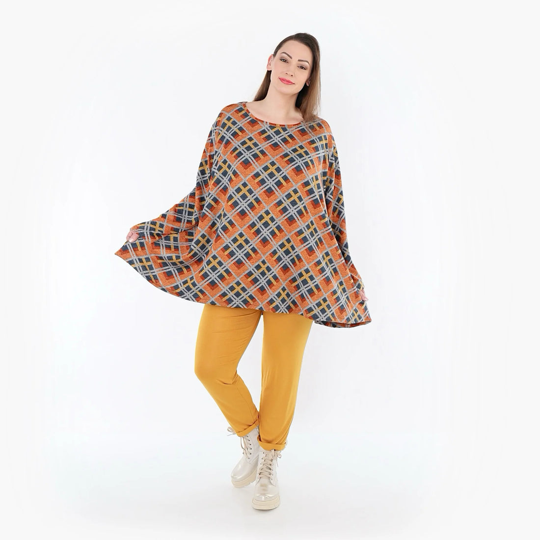  A-Form Bigshirt von AKH Fashion aus Materialmix, 1549.00593, Orange/Blau/Grau, Kariert