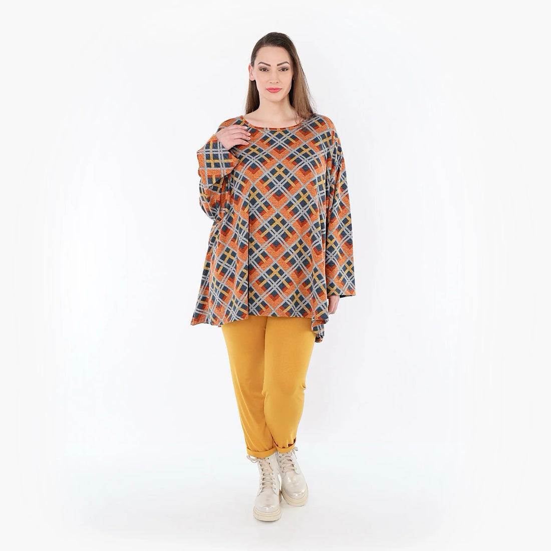  A-Form Bigshirt von AKH Fashion aus Materialmix, 1549.00593, Orange/Blau/Grau, Kariert