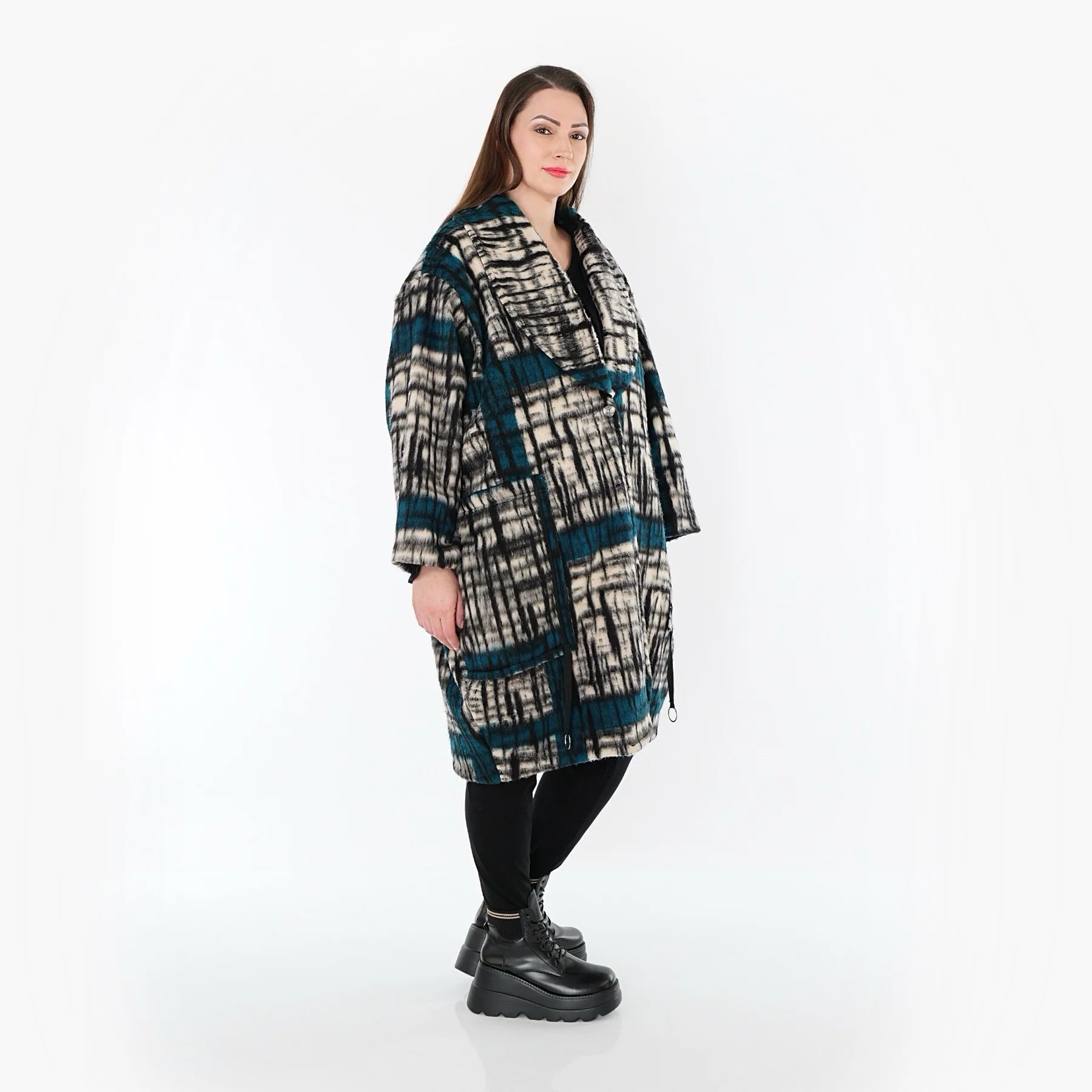  Ballonmantel von AKH Fashion aus Materialmix, 1553.07164, Schwarz/Ecru/Petrol, Kariert