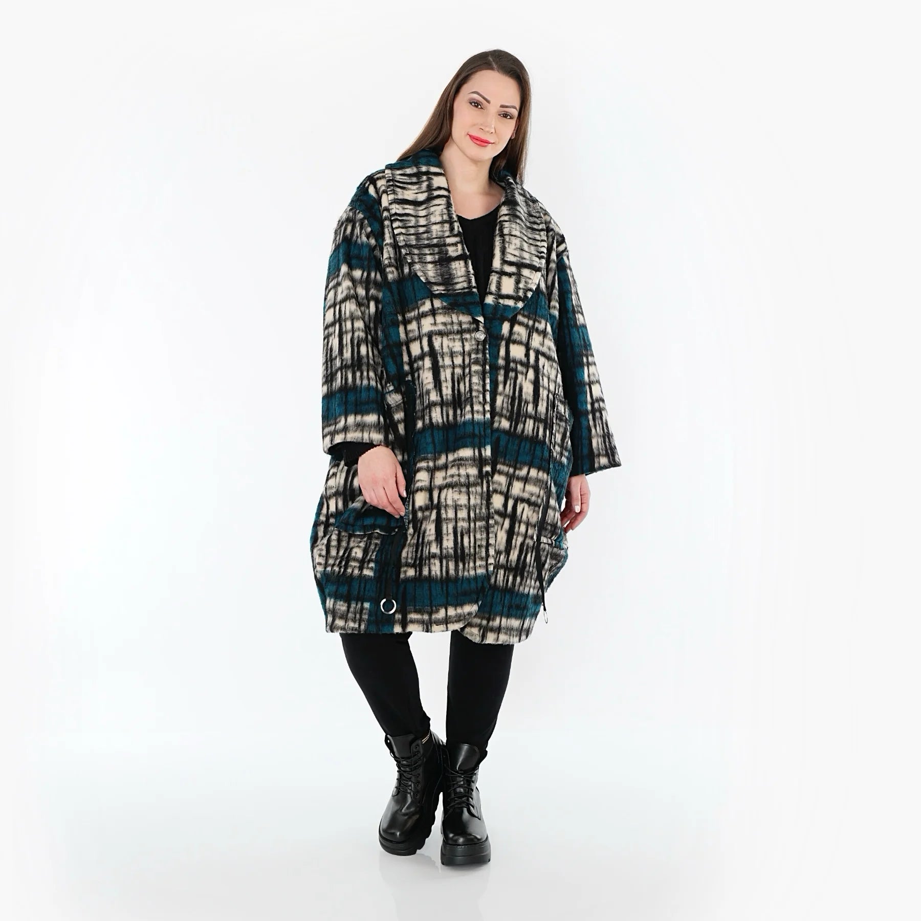  Ballonmantel von AKH Fashion aus Materialmix, 1553.07164, Schwarz/Ecru/Petrol, Kariert