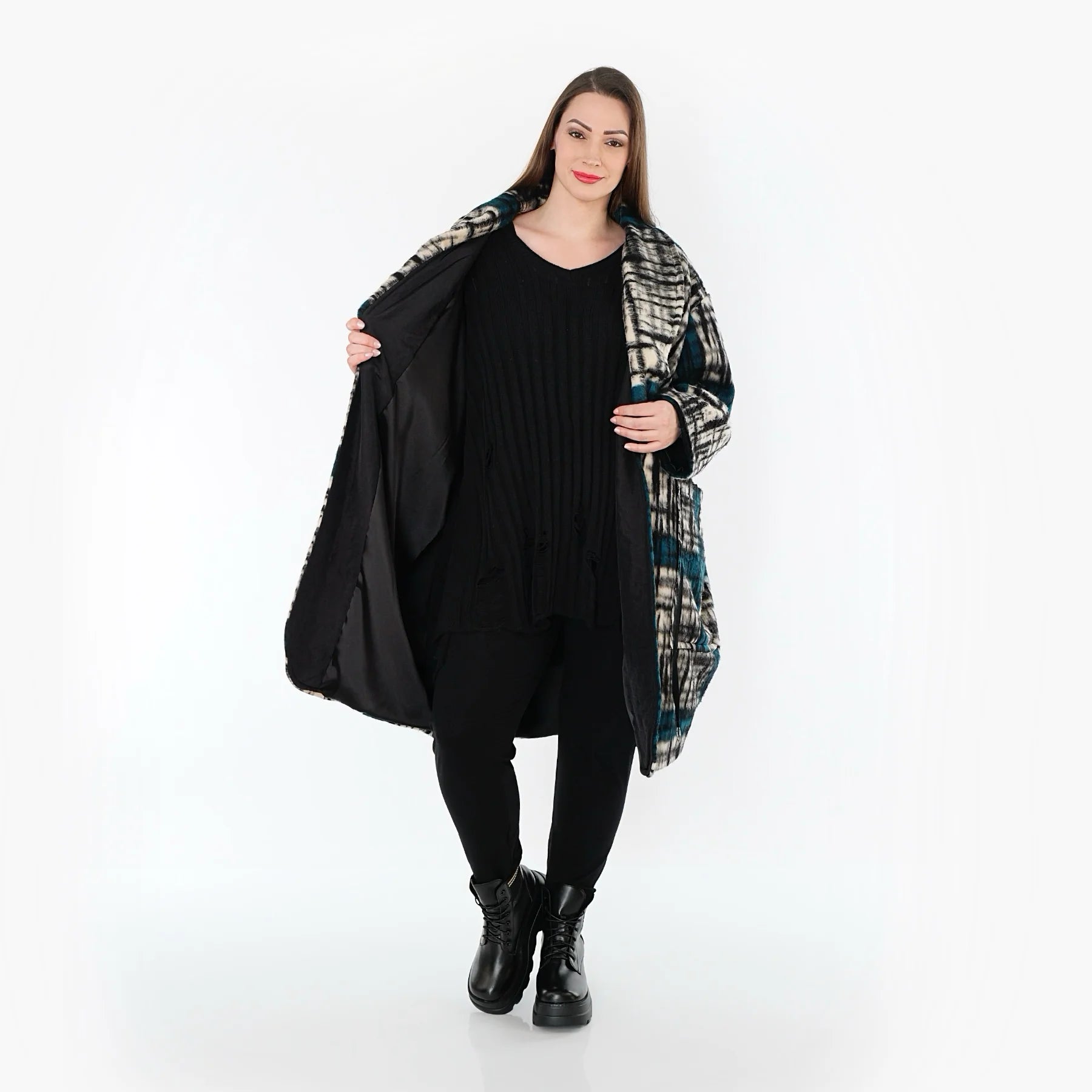  Ballonmantel von AKH Fashion aus Materialmix, 1553.07164, Schwarz/Ecru/Petrol, Kariert