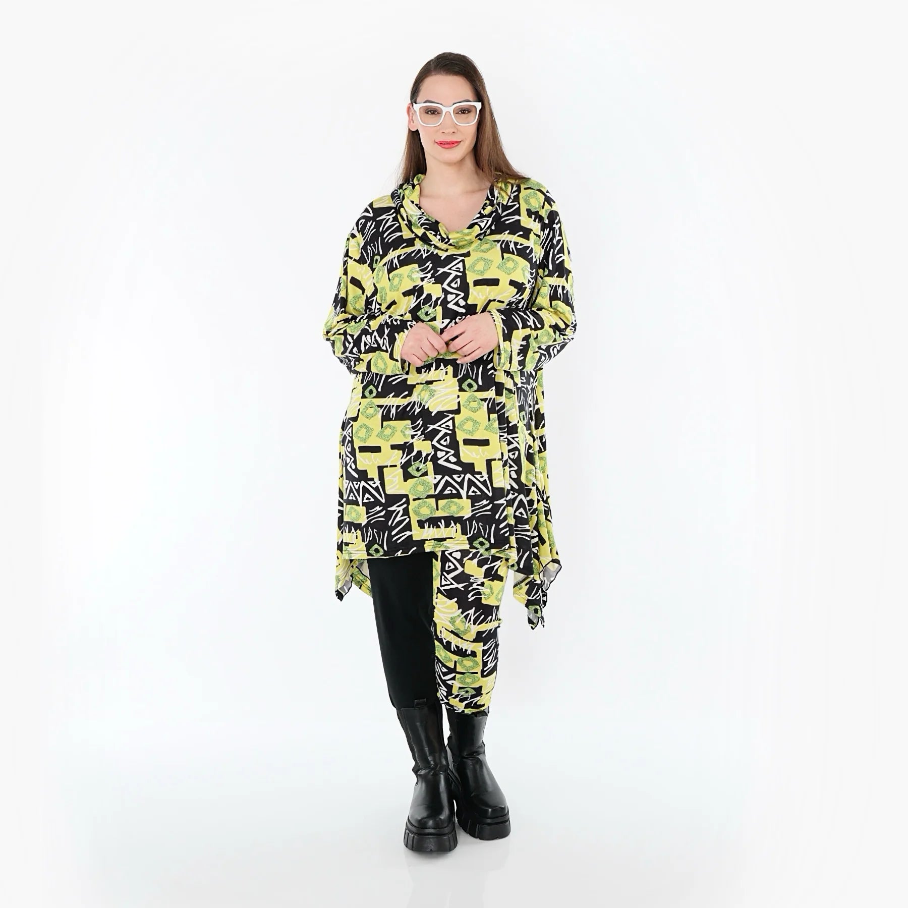  A-Form Bigshirt von AKH Fashion aus Viskose, 1556.03371, Gelb/Multi, Abstrakt, Ausgefallen