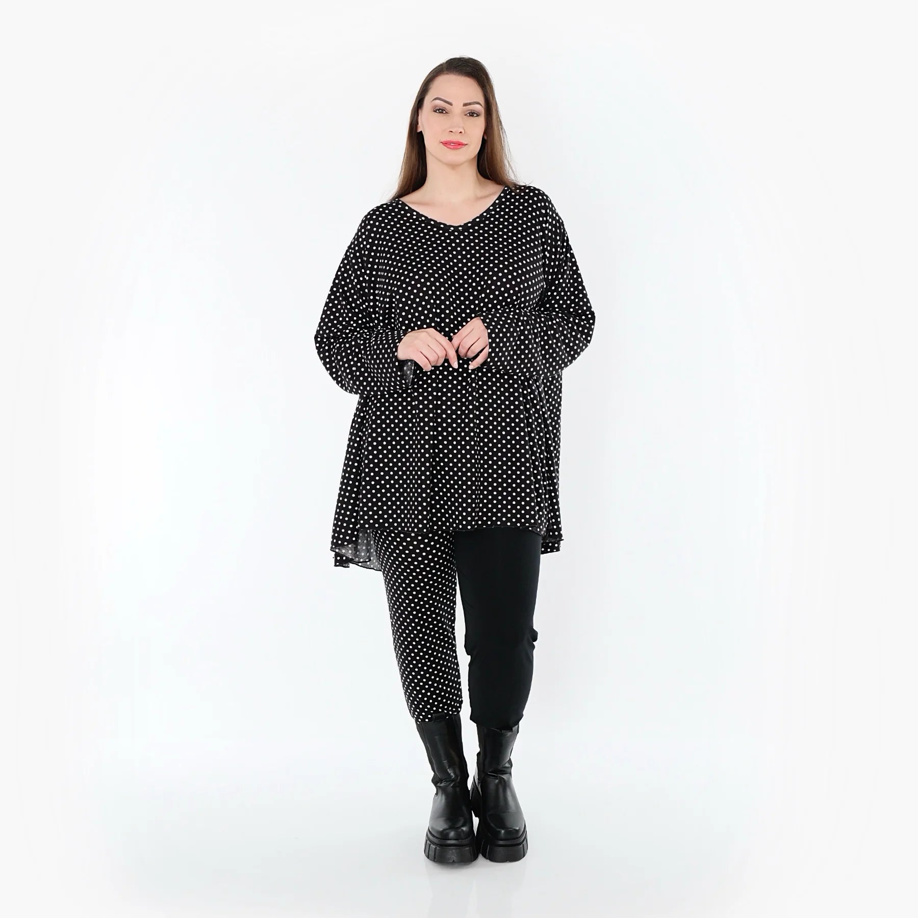  A-Form Bigshirt von AKH Fashion aus Viskose, 1557.00593, Schwarz/Weiß, Punkte, Ausgefallen