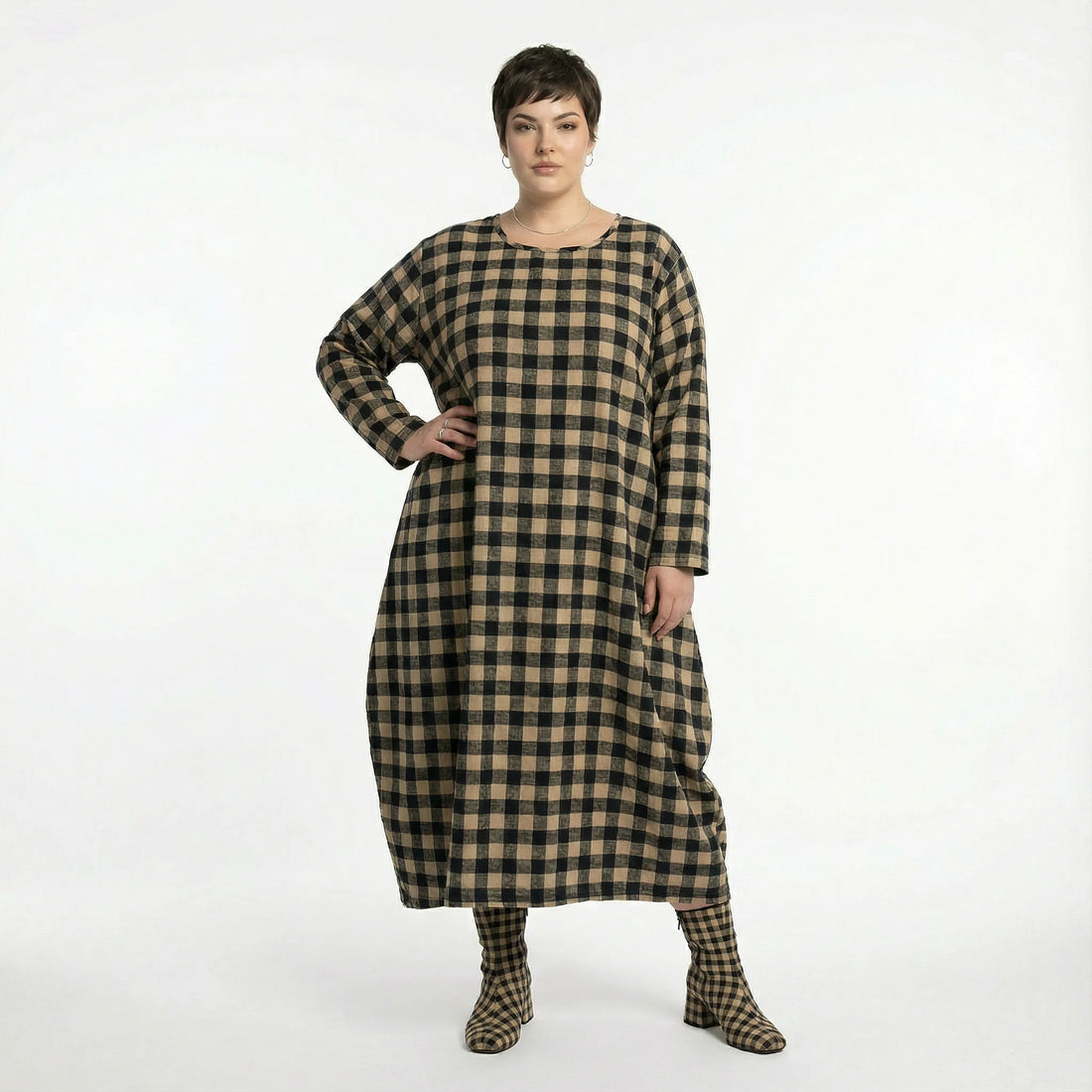  Ballonkleid von AKH Fashion aus Polyester, 1562.01926, Sand/Schwarz, Kariert, Ausgefallen