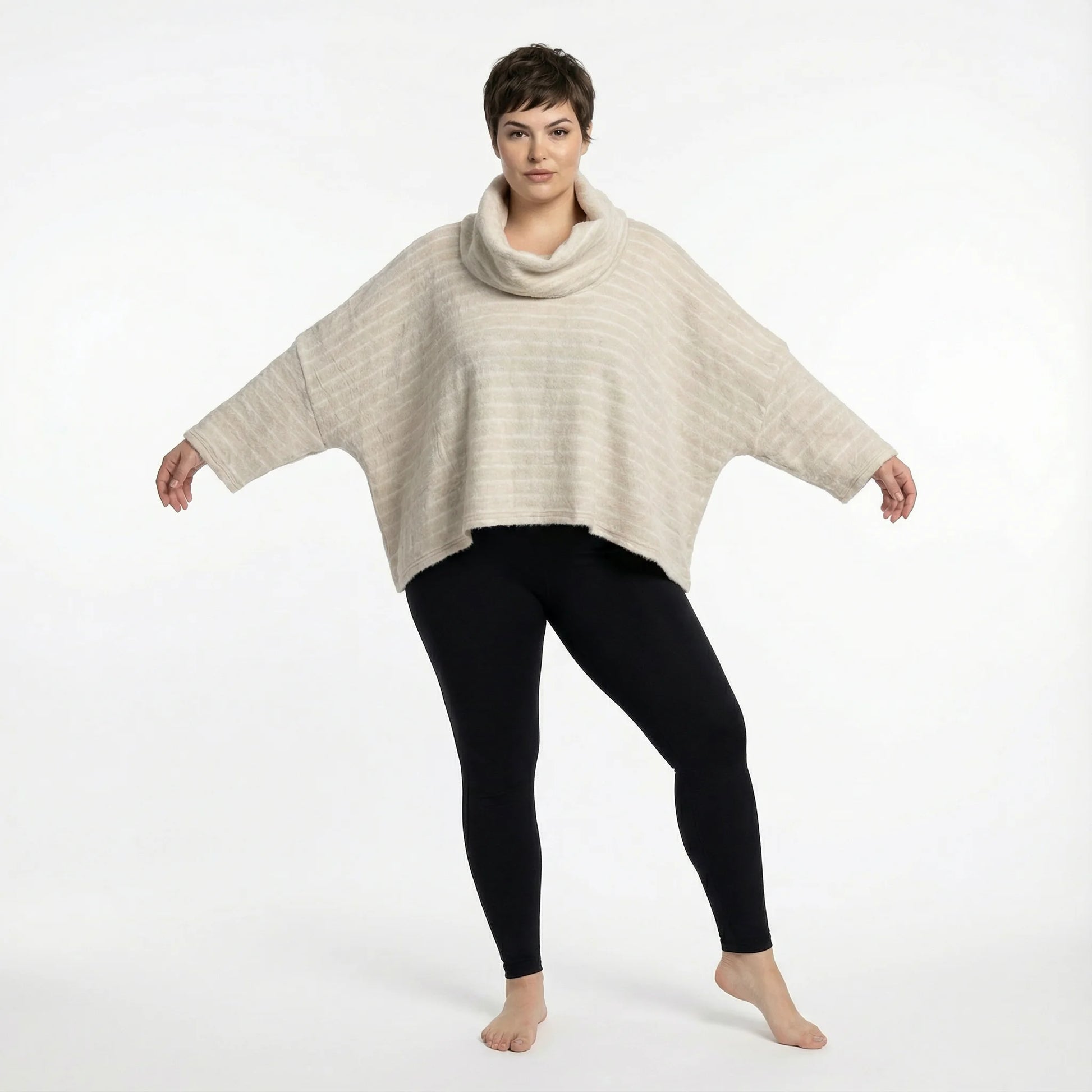  AKH Fashion Bigshirt in kastiger Form, aus Materialmix, 1569.03019, Beige/Weiß, Streifen