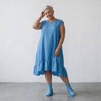 Damen Kleid Lagenlook Baumwolle Türkis, A-Form, Karo, Volantsaum, Oversize große Größen – AKH Fashion