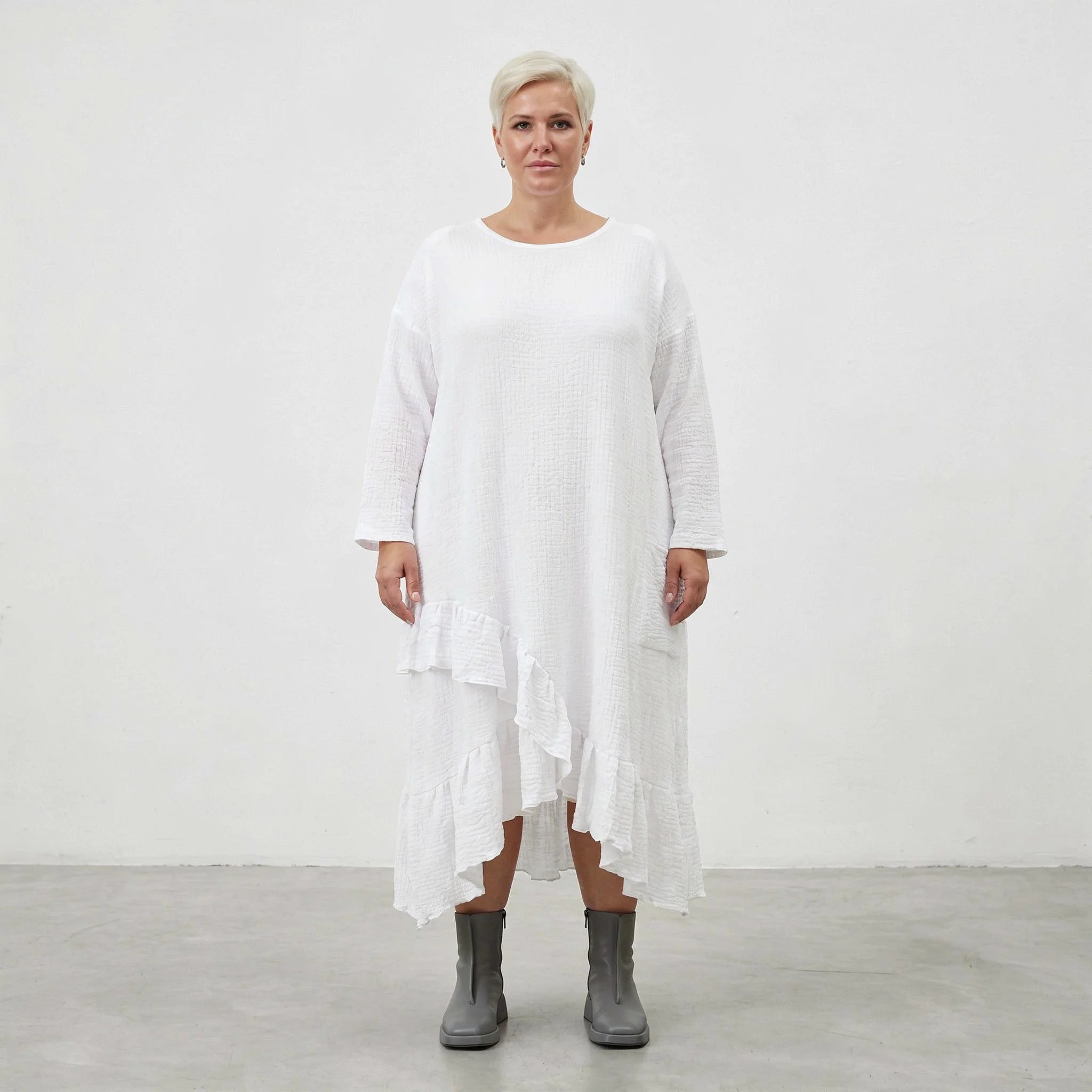 AKH Fashion Kleid in asymmetrischer Form, aus Baumwolle, 1573.07024, Weiß, Kariert, Schick