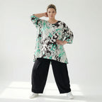  A-Form Bigshirt von AKH Fashion aus Viskose, 1574.00593, Weiß/Schwarz/Grün, Blumen, Schick