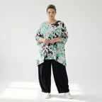  A-Form Bigshirt von AKH Fashion aus Viskose, 1574.00593, Weiß/Schwarz/Grün, Blumen, Schick